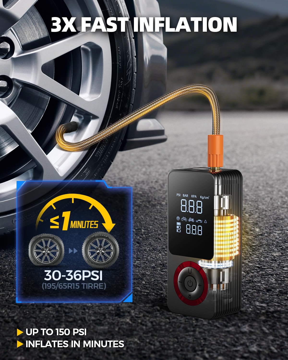 Inflador de neumáticos, compresor de aire portátil, bomba de aire inteligente para neumáticos de coche con 3 modos de luz, medidor de presión digital, adaptador de corriente de coche de 12 V, caja de