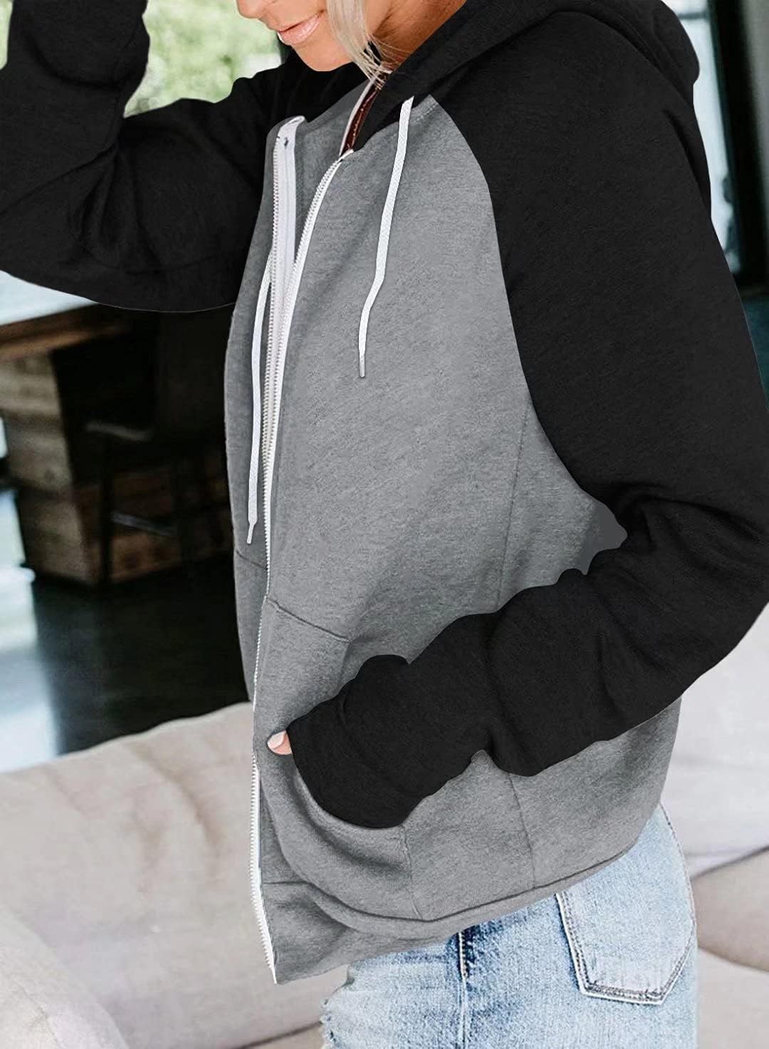 INFITTY Women's Casual Color Block Long Sleeve Zip Up Hooded Sweatshirt Lightweight Hoodies Jacket with Pocket - Image 3