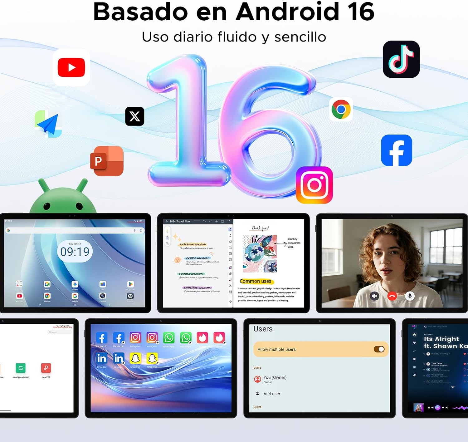 P11 Android 16 Tablet 11 Pulgadas, 48GB RAM + 128GB ROM/2TB TF, 90Hz, T7250 Octa-Core, 8800mAh, 13MP+5MP, Gemini AI, Widevine L1, Face ID, GPS, OTG, Doble altavoz, Tablet con Teclado y Lápiz, Negro 8