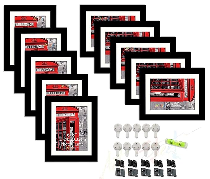 Art Street Wall Photo Frames for Living Room Set of 10, Black 8x10 Inches of Photo Size Mounted to 6 x 8 inches.