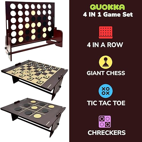 Miniatura 2 de QUOKKA Giant Four in a Row Connect Outdoor Game 4-in-1 SUPERSET - Wooden Jumbo Yard Game for Adults  Backyard Family Party  Big Chess & Checkers