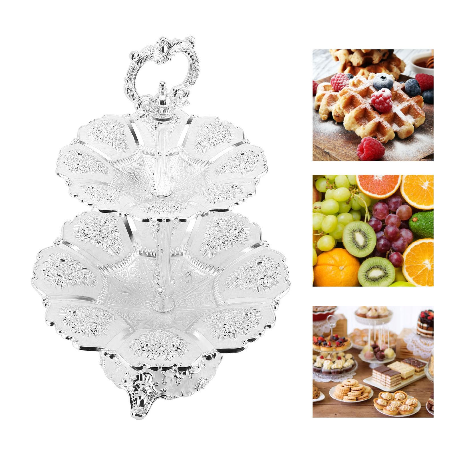 Elegante plato de servir de 2 niveles con mango conveniente para bodas y fiestas de cumpleaños, soporte de torre para pastel para un centro de mesa llamativo (Plata Blanco)