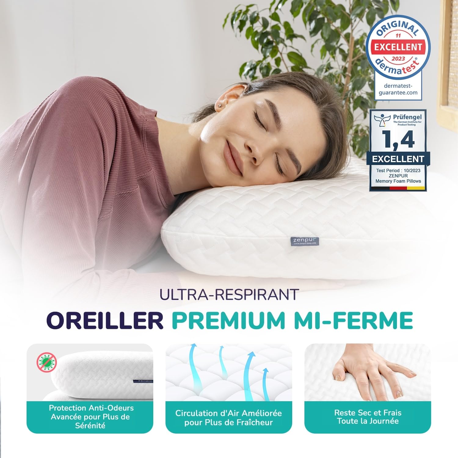 ZenPur Oreiller Cervical Mémoire de Forme 40x60 - Coussin Ergonomique Anti-Douleurs Cervicales - Mi-Ferme, Housse Bambou Premium, Certifié Oeko-TEX