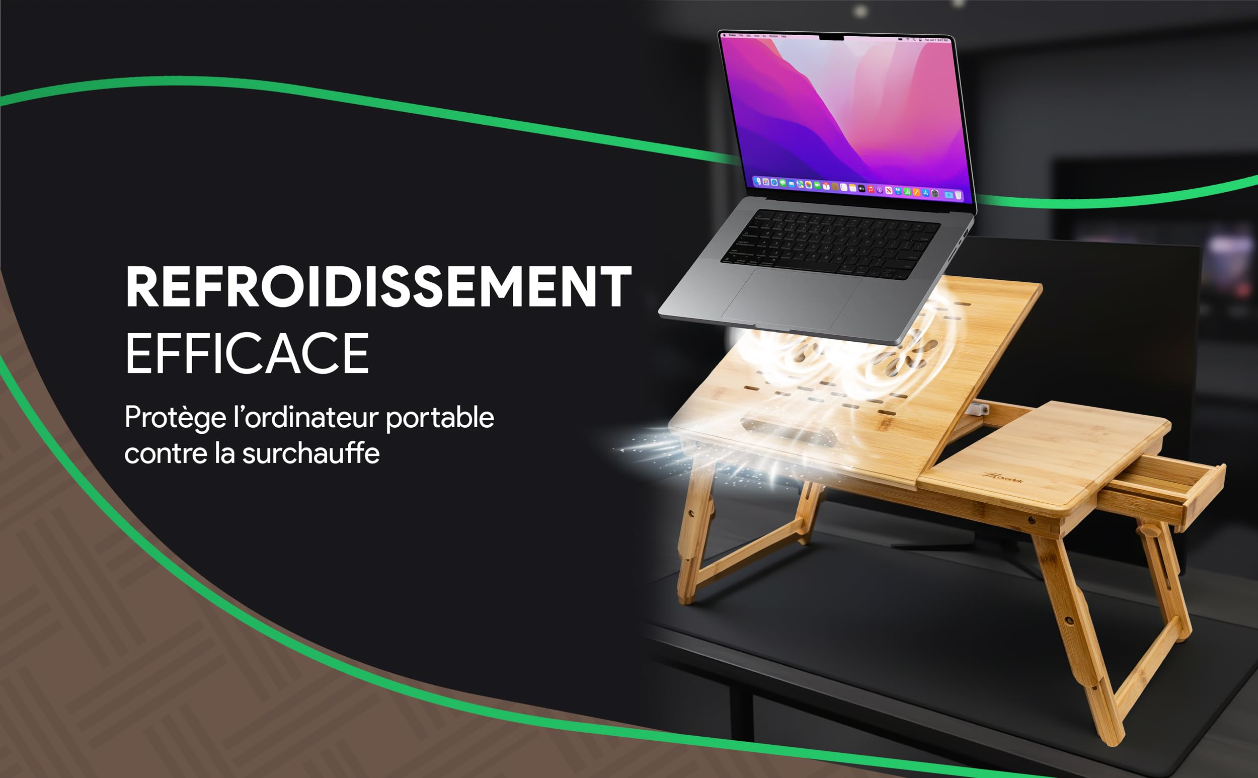 Table de Lit pour Ordinateur Portable – Bureau de Lit Réglable en Bambou avec Tiroir, Tapis de Souris et Organisateur de Câbles – Table PC Portable Pliable pour Lit et Canapé