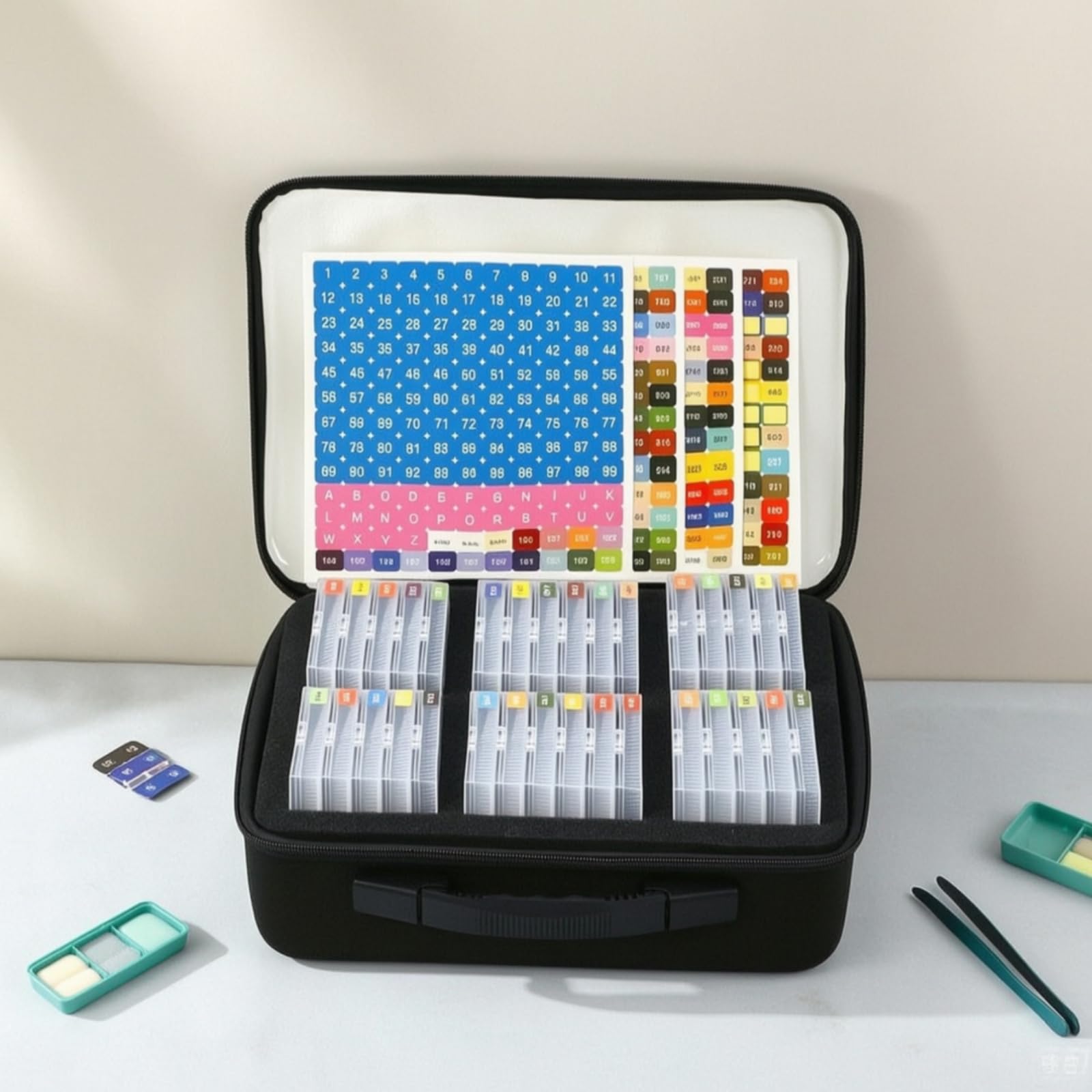Bastelperlen Organizer Perlenbox Aufbewahrungsbox Sortierkasten Aufbewahrungskoffer mit 64 Kleinen Fächern Und Farbetiketten in Robuster Eva Tasche für Perlen Schmuckdesign Hobbyraum Messe