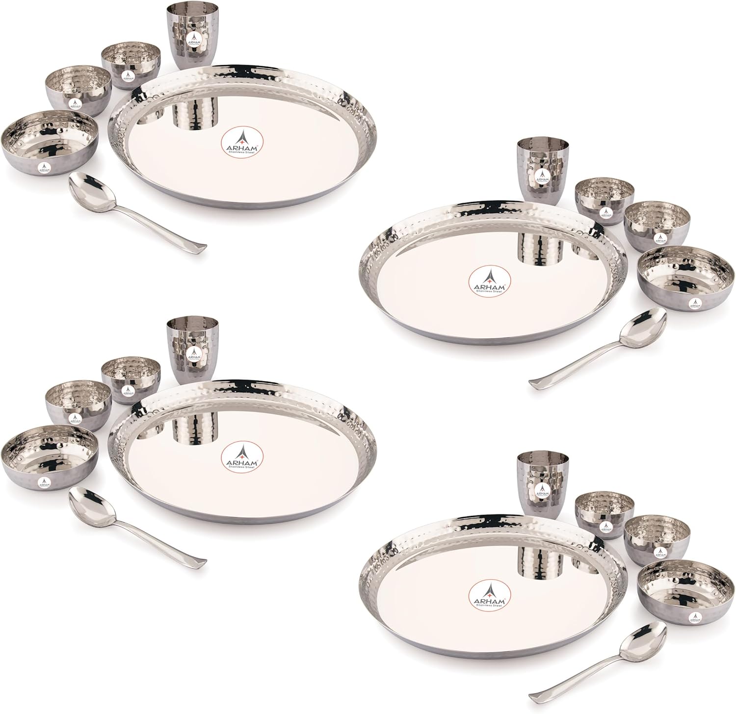 Hammered Dinner Set | Premium Saffron Thali Set | High Grade Steel Buffet Set Combo (24Pcs (4 Set Big))