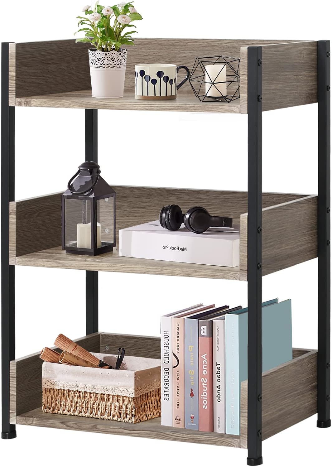 VECELO 3-Tier Bookcase,Small Storage Shelves,Industrial Shelving Unit for Living Room,Bedroom,Classroom,Brown