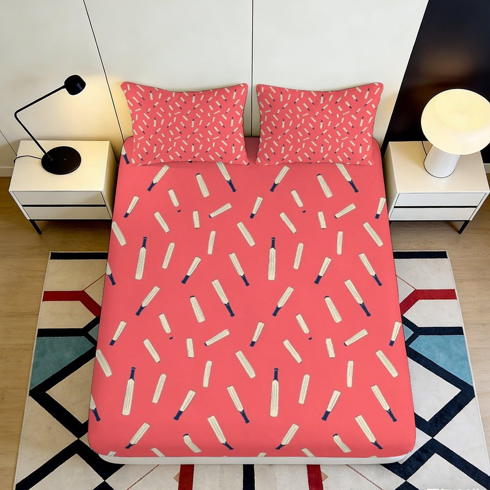 3D Printed Cricket Bat Pattern Fitted Sheet Microfiber Soft Breathable Baseball Bat Mattress Cover for Bedroom Dormitory Guest Room Mattress Protection 180x200x25cm