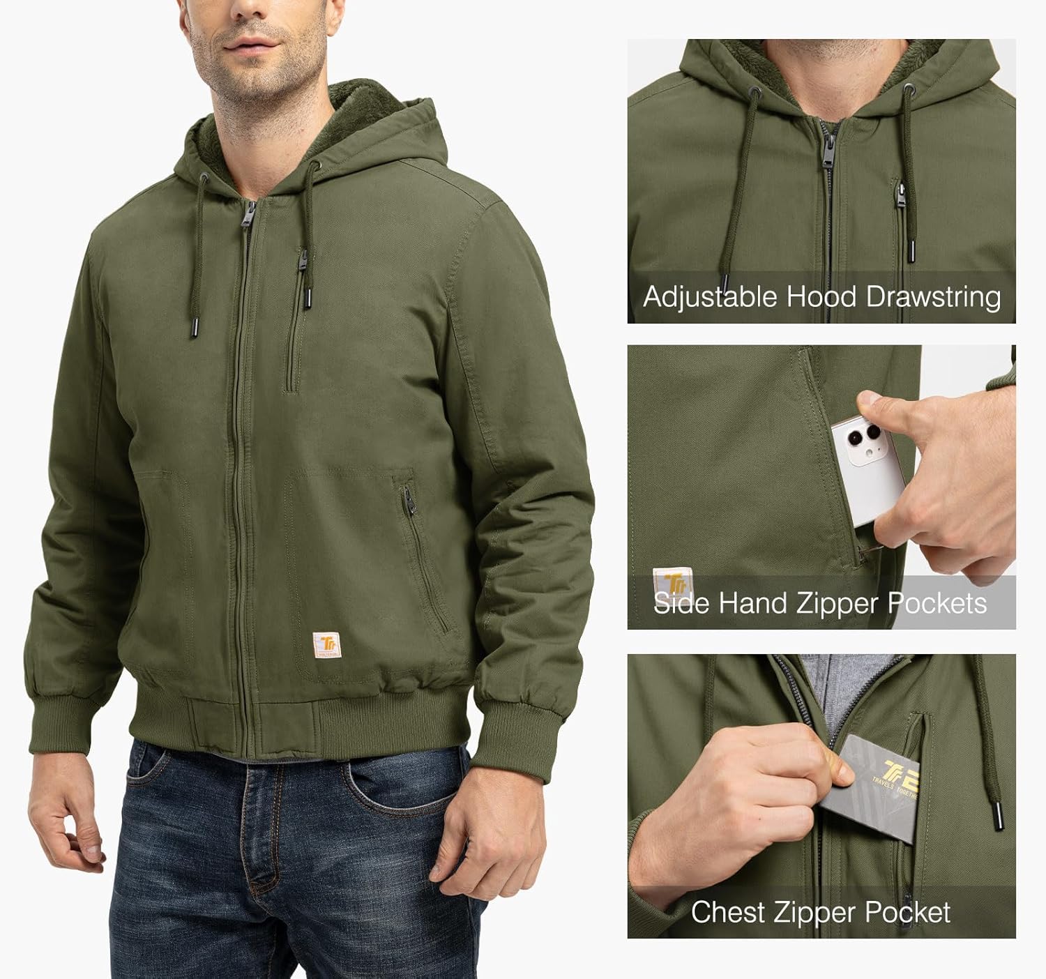 TBMPOY Men's Winter Jackets Hooded Work Cotton Fleece Lined Duck Coats Flannel Active Workwear Coat - Image 6