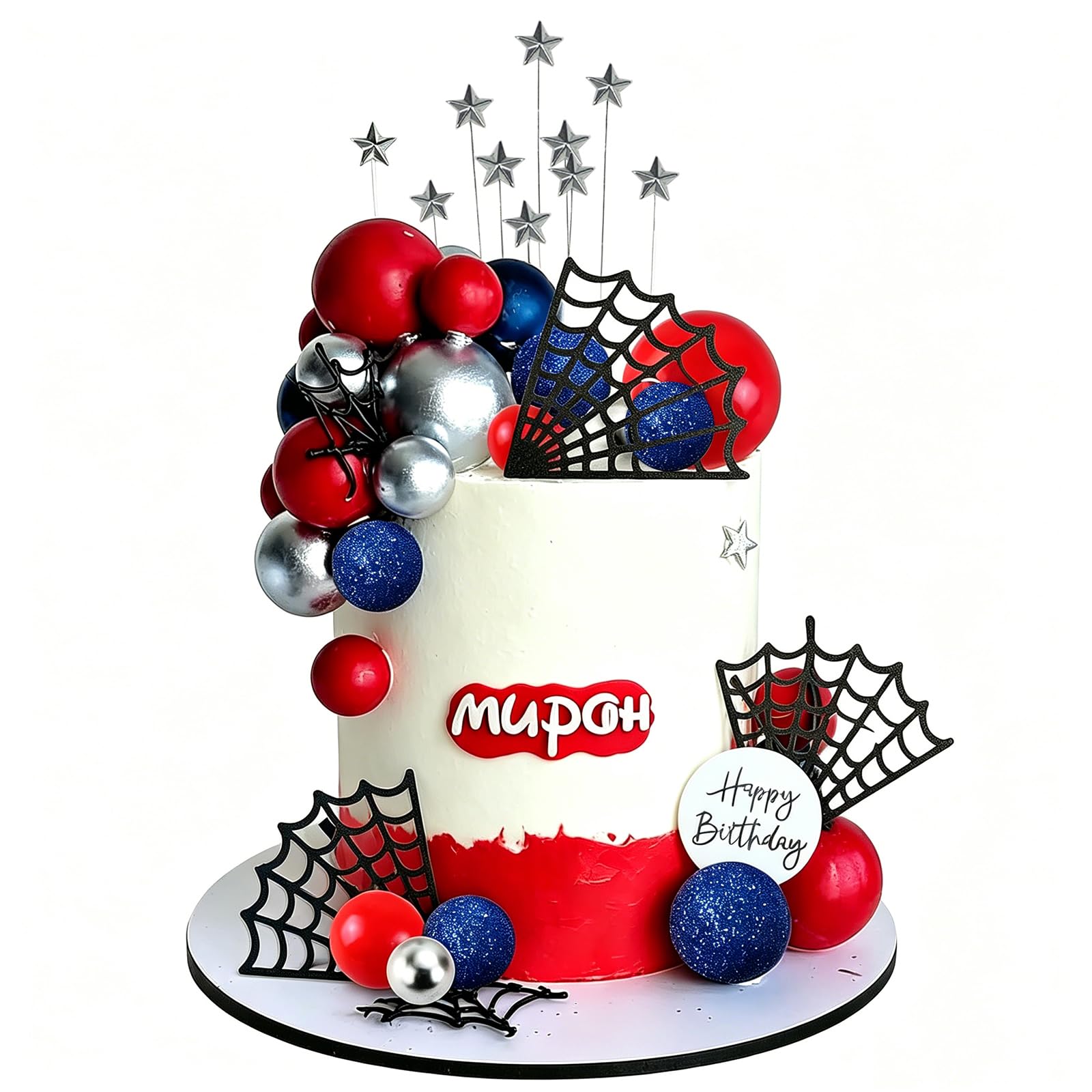 Red Blue Cake Topper Blue Red Silver Balls Cake Decorations Stars Birthday Cake Decorations for Boys Men Baby Shower Party Supplies