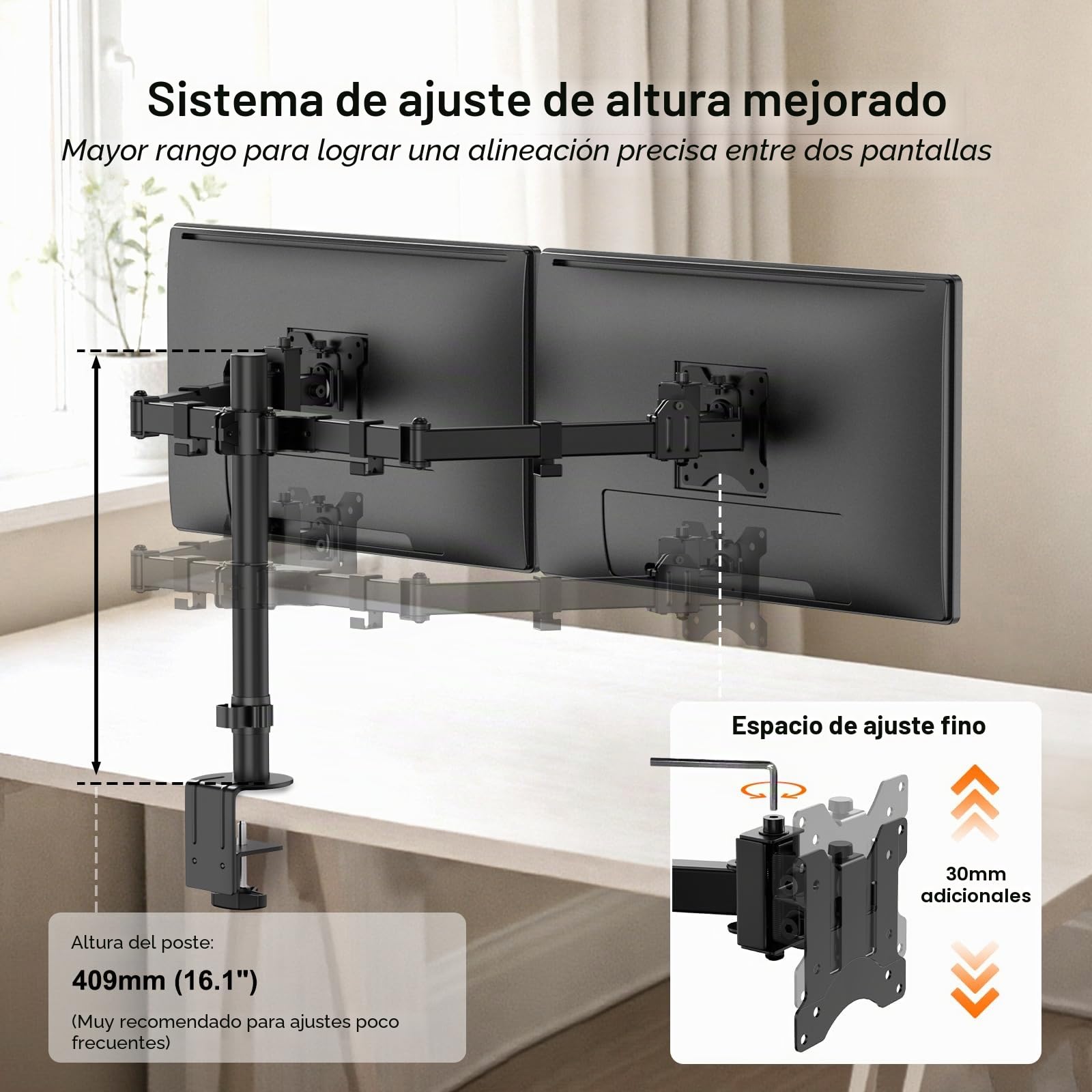 PUTORSEN Soporte para monitor de 24~38 pulgadas para 2 monitores, soporte deslizante VESA ajustable para 2 monitores, 9 kg por brazo, VESA 75/100 mm
