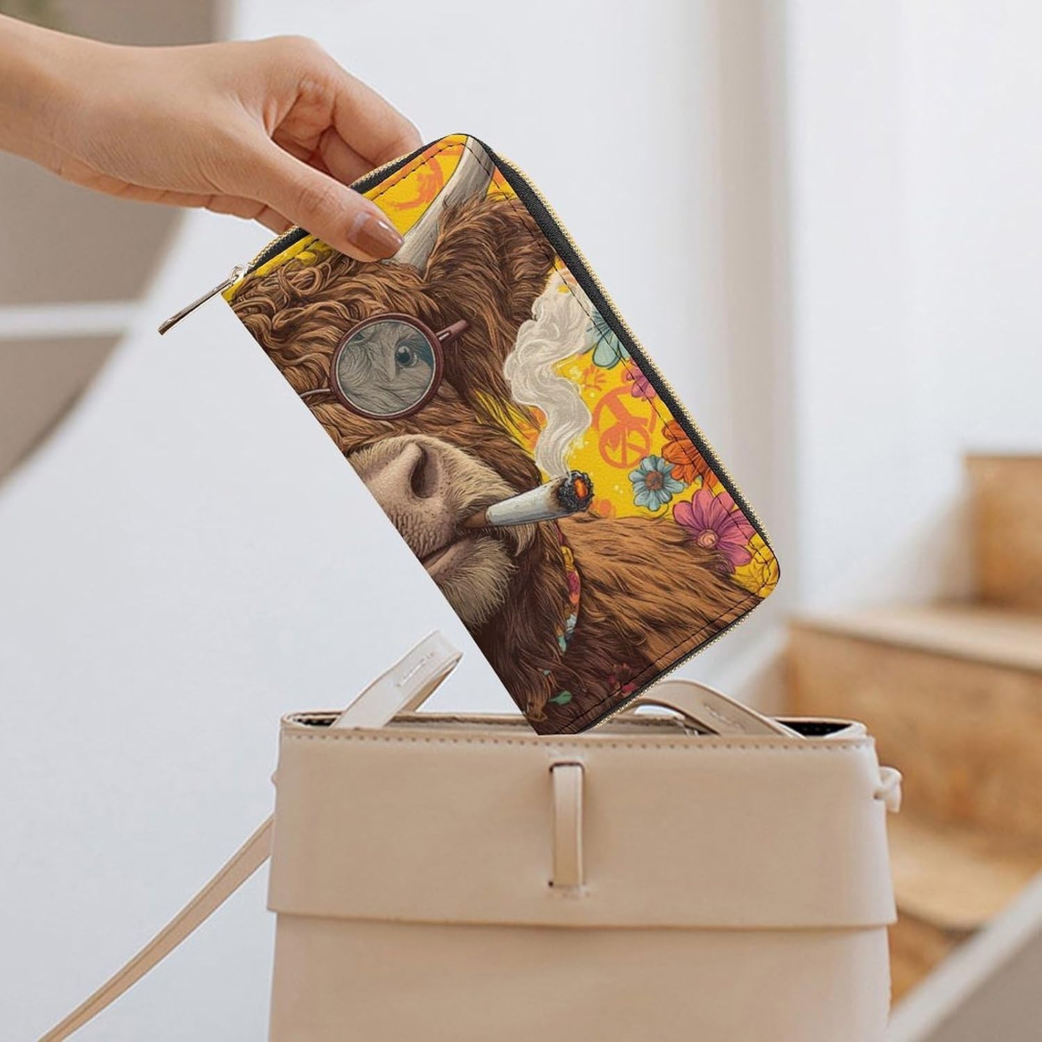 Fashion Brown Cow in Glasses Long Zippered Pouch for Men And Women Large Clutch Cash Wallet with Credit Card Slots