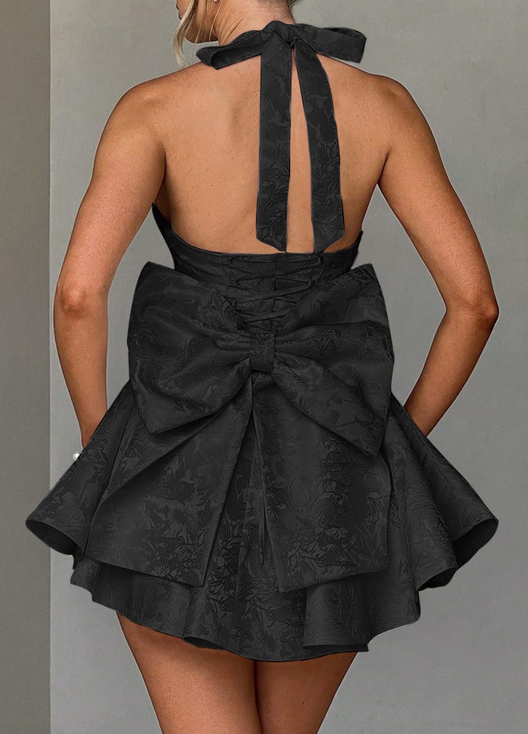 jascaela Womens V Neck Halter Dress Sexy A Line Short Dress Formal Party Prom Sleeveless Mini Dress with Bow - Image 3