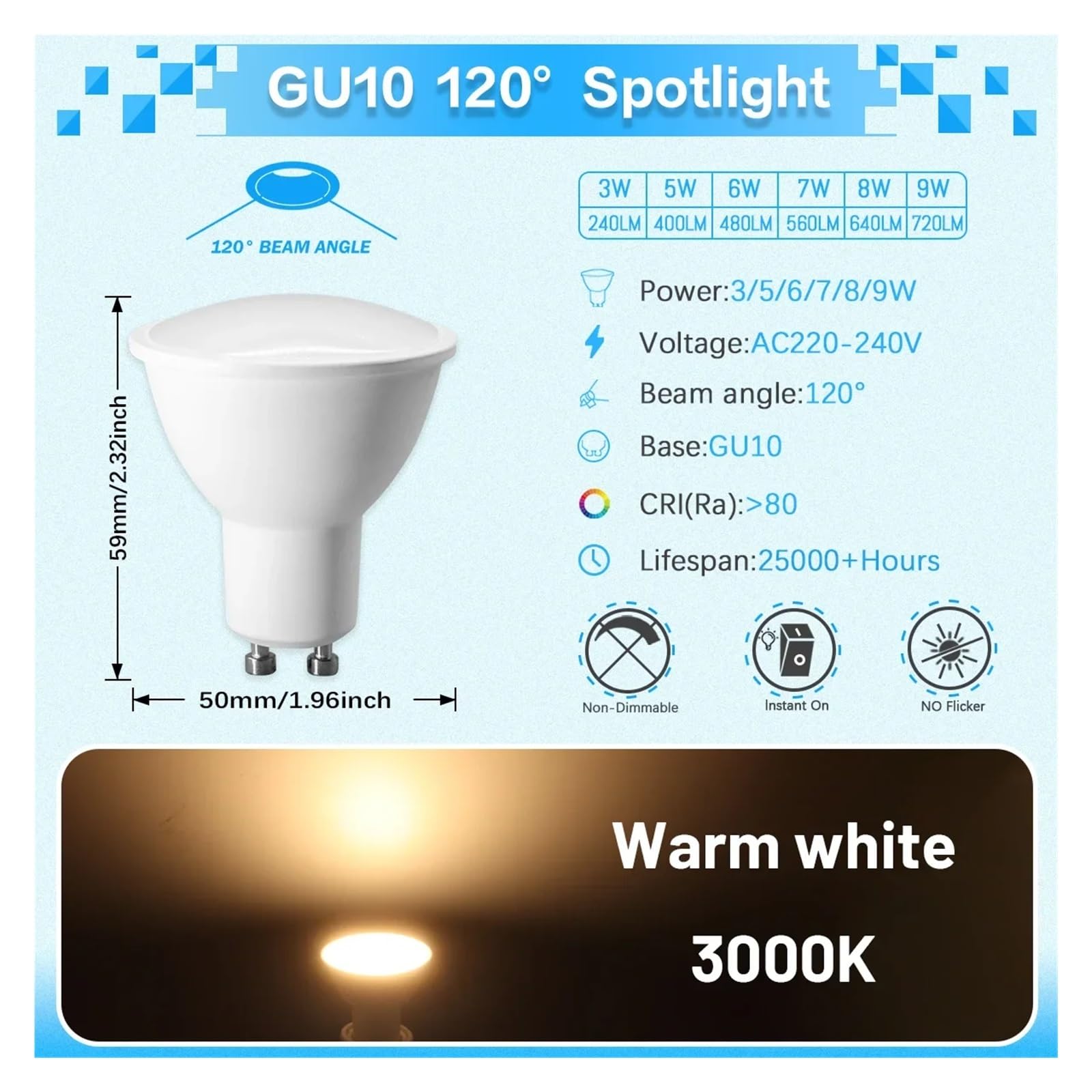 Revive Furniture GU10 żarówka LED 12 sztuk projektor światło bez migotania 3 W 5 W 6 W 7 W 8 W 9 W, światło dzienne 3000K-6000K (120 stopni, 3000 K, 7 Watt)