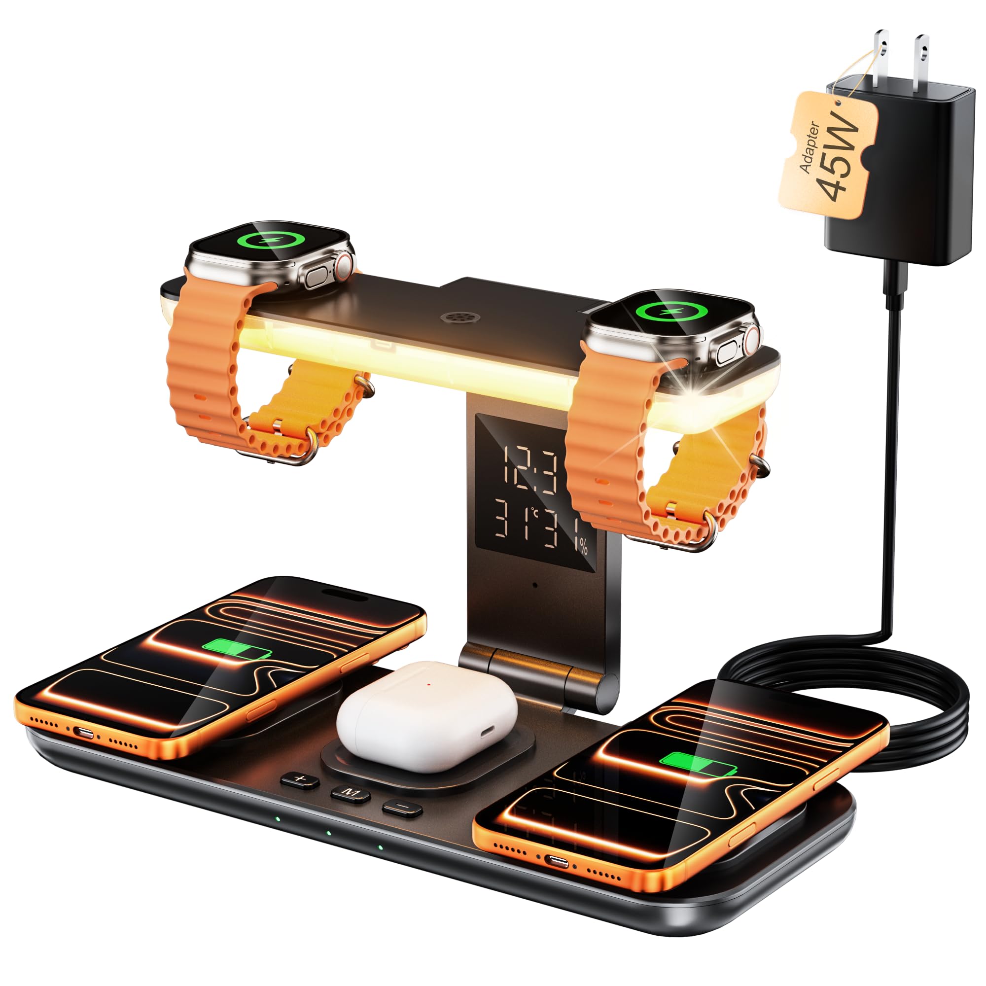 Estación de carga inalámbrica 7 en 1 para dispositivos Apple, soporte de cargador de teléfono dual con carga magnética para iPhone 17-12 Pro Max, cargador de reloj dual para iWatch Series, con