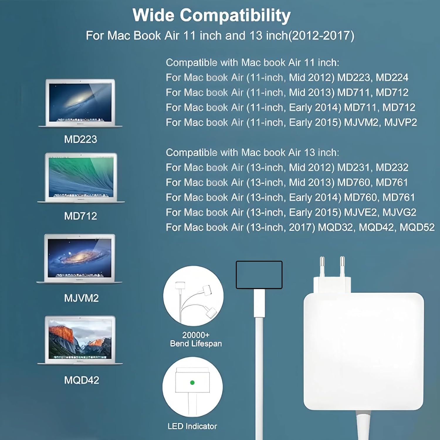 SCOVEE 45W T-Tip Cargador Mac Book Air, 45W T-Tip Adaptador Rápido Compatible con Mac Book Air 11 Pulgadas y 13 Pulgadas 2012-2017, para Modelos A1435, A1436, A1465, A1466