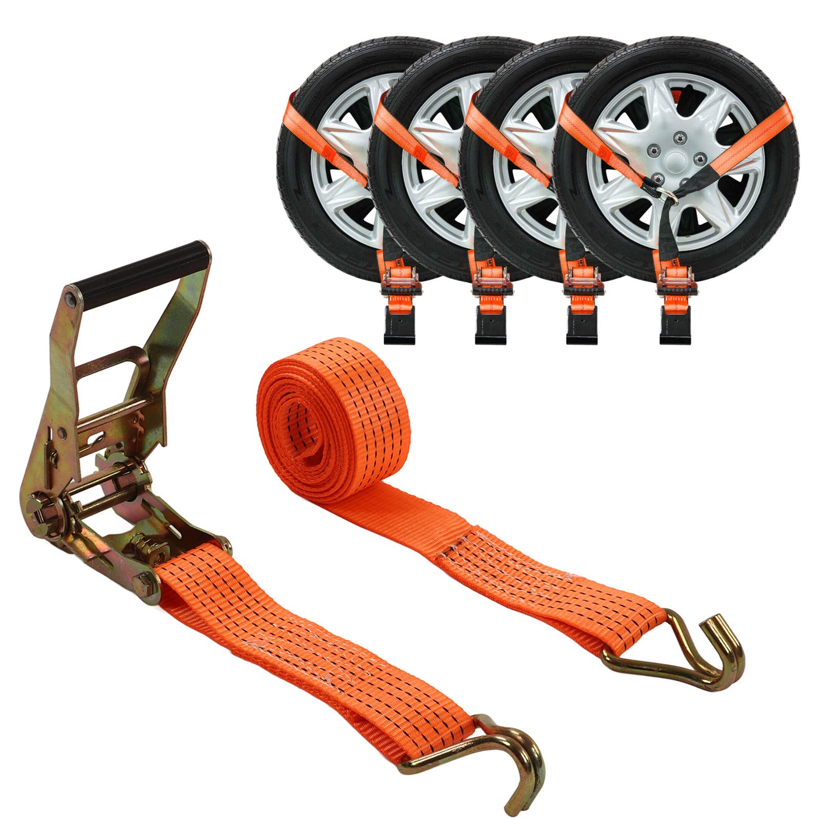 Tbest 4 Pezzi di Cinghia a Cricchetto per Auto, Carico Elevato, Carico di 12.000 Libbre, Resistenza Alla Rottura, Ganci a J, Kit di Cinghie per Asse Ruota e Kit di Cinghie per Legare le del Veicolo