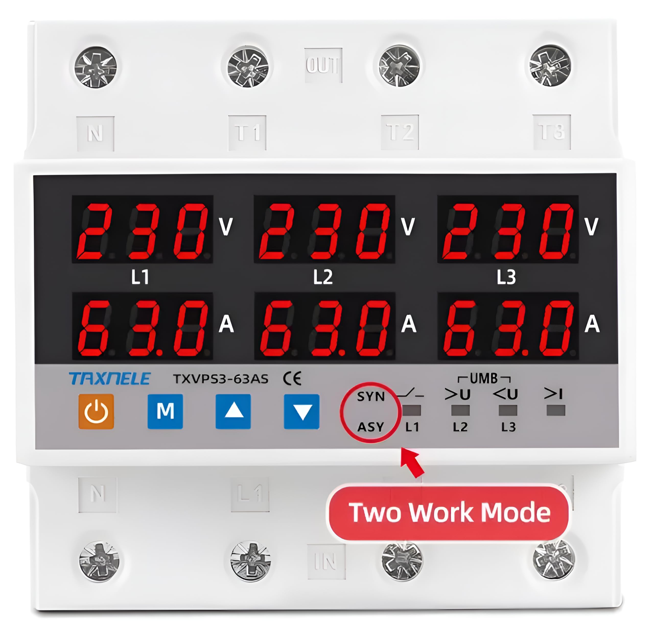 XPR3SS Taxnele 100A Three Phase SYN ASYNC Voltmeter Adjustable Over Under Voltage Current Limit Protection Voltage & Amp Meter Phase Loss, Surge Protector (TVPS3-100AS, corded_electric, White)