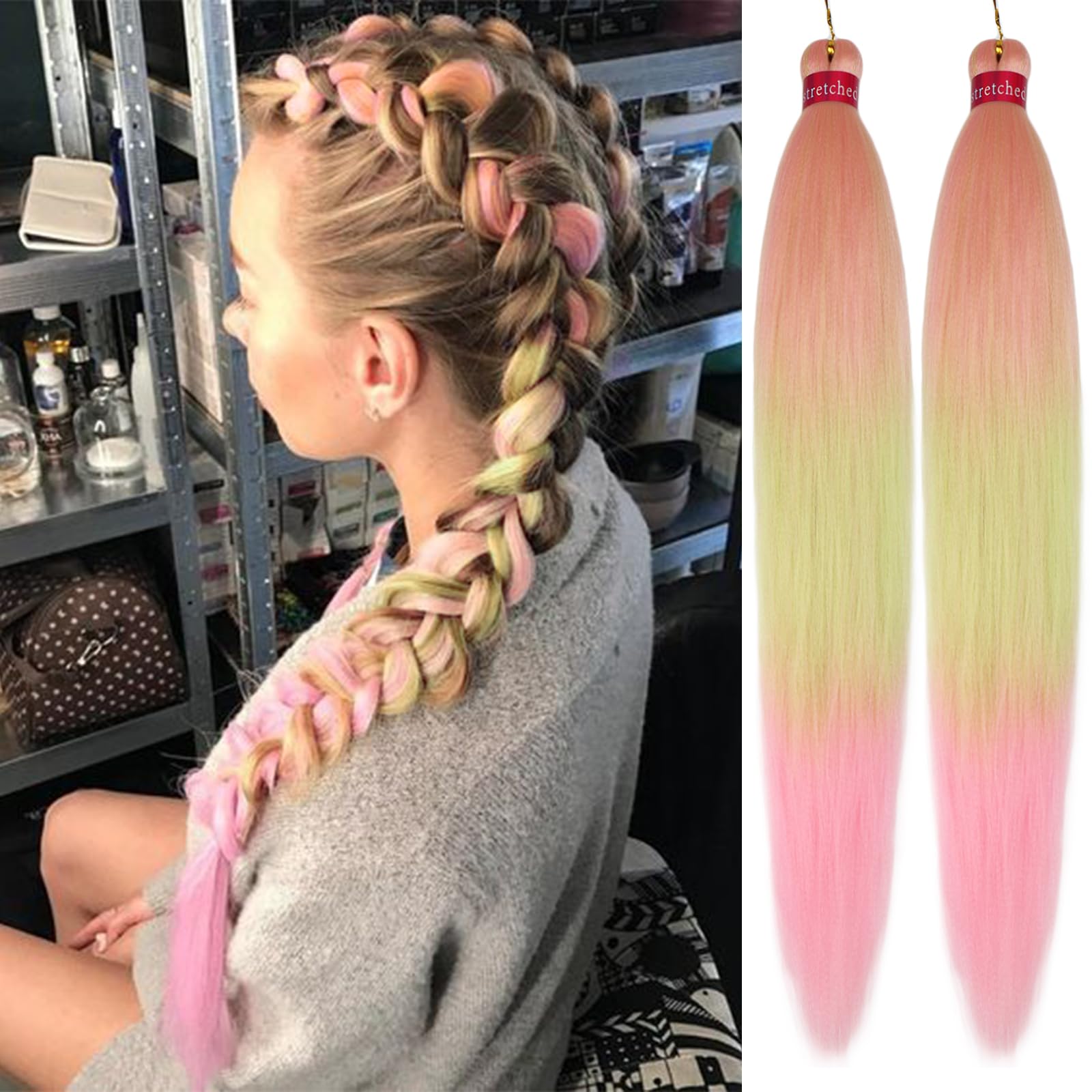 Ombre Pink-Green Braiding Hair Pre Stretched 2 Packs Box Braids Hair Extensions 26 Inches Synthetic Pre Stretched Braiding Hair