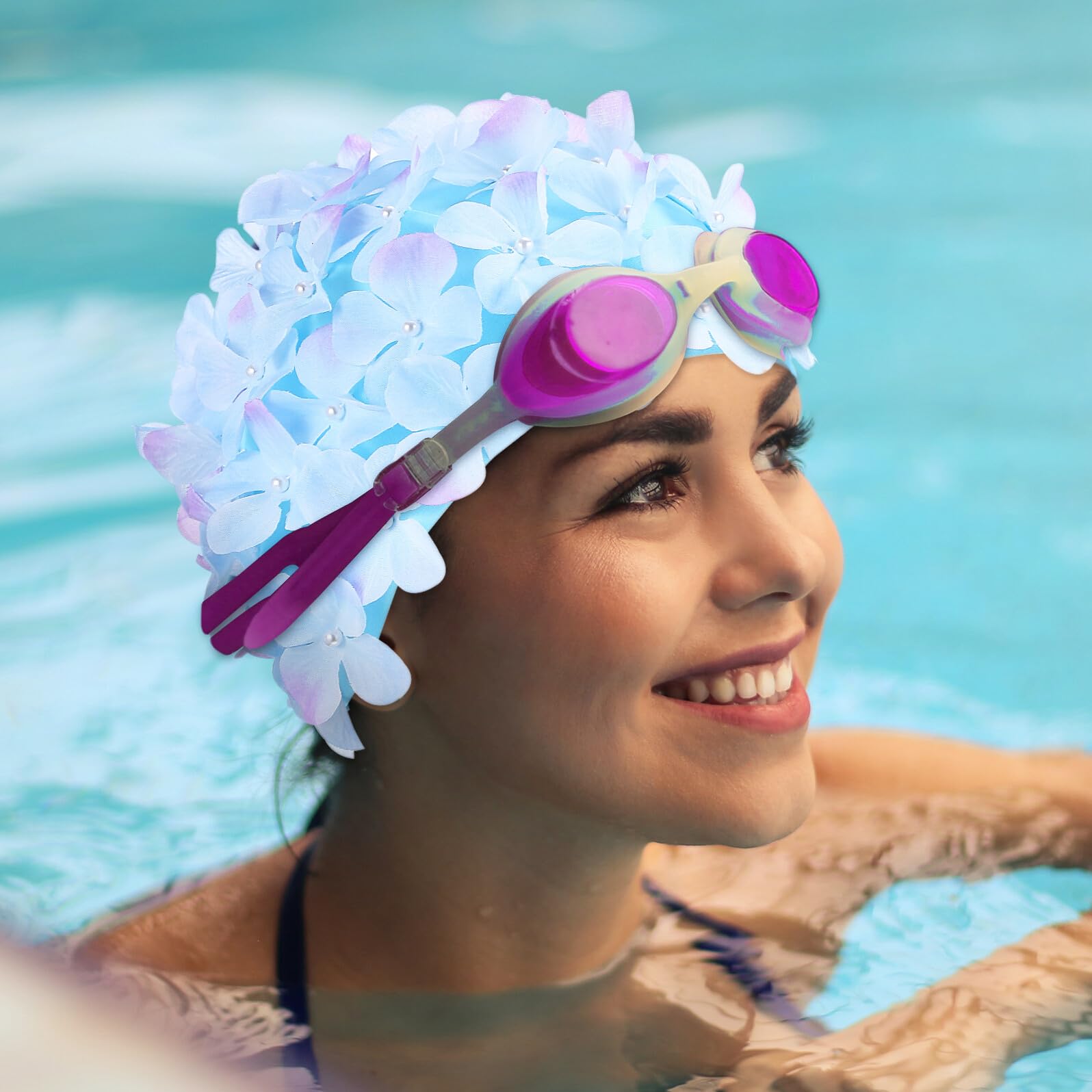 ifundom Festa Estiva 2 Cuffie da Piscina Donna Fiori in Nylon, Cuffia Piscina Fiorata Grande Elasticità e Protezione Chioma, per Spa e Nuoto