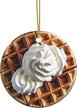 Waffle Ornament - Double-Sided Ceramic Christmas Decoration with Waffle & Whipped Cream, Holiday Xmas Foodie Gift for Breakfast Lovers Flat Print Design