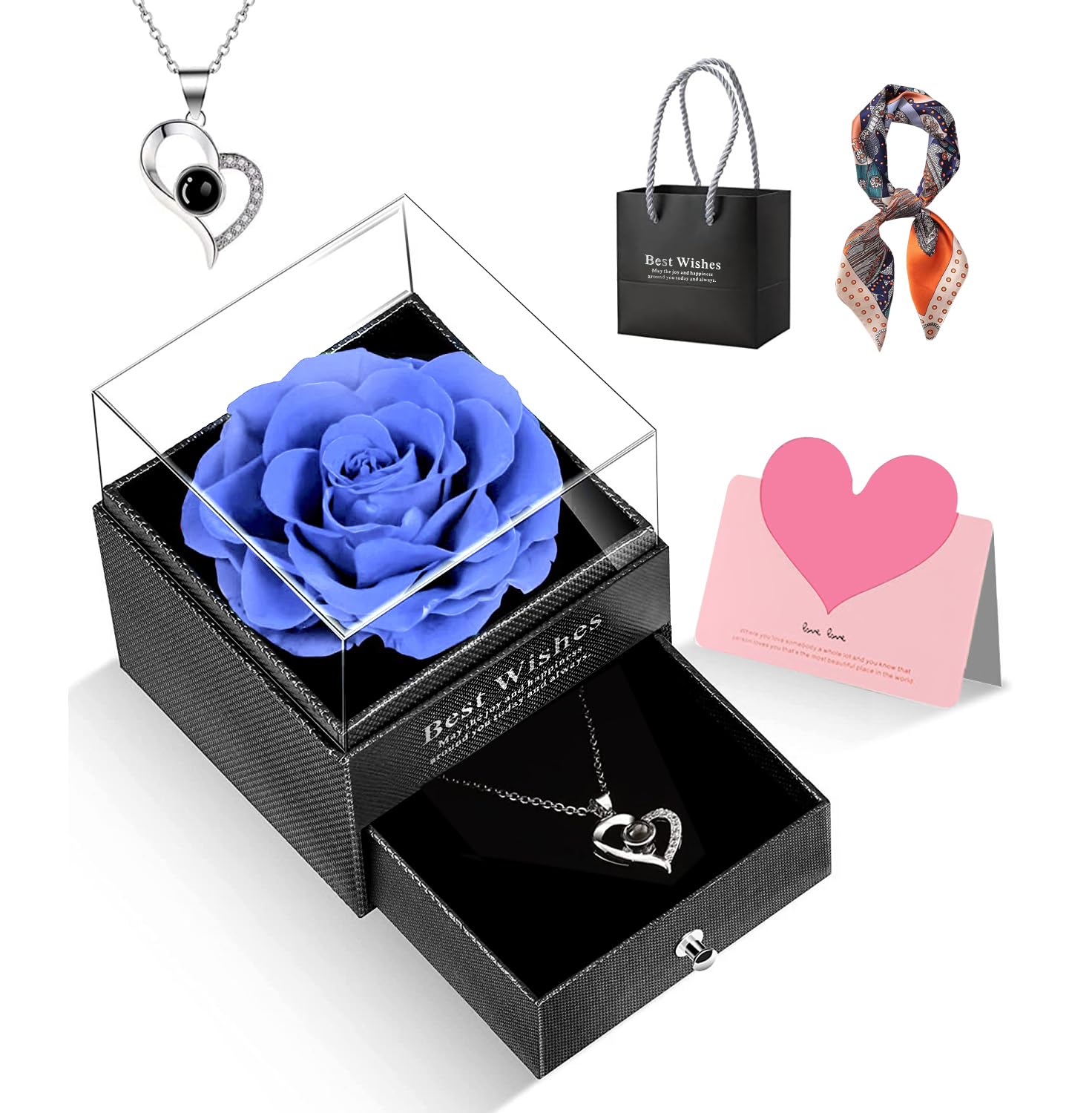 GOICC Idea Regalo per lei, Rosa eterna con i Love You, Collana con Violette Rosa, Confezione Regalo per la Festa della Mamma, Compleanno, Anniversario, Regalo per Mamma, Fidanzata, Moglie