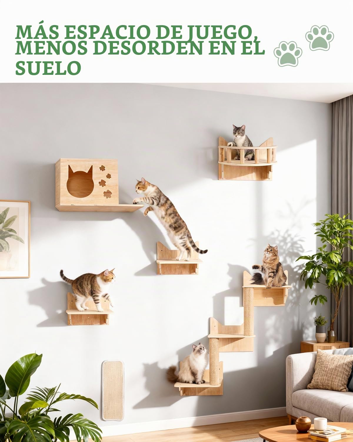 Estantes de Pared para Gatos 6 en 1, con Cueva, Torre hasta 15 kg | Estanterías para Gatos con Plataformas, Poste de Escalada y Rascador, Espacio Vertical con Zonas de Descanso y Áreas de Juego
