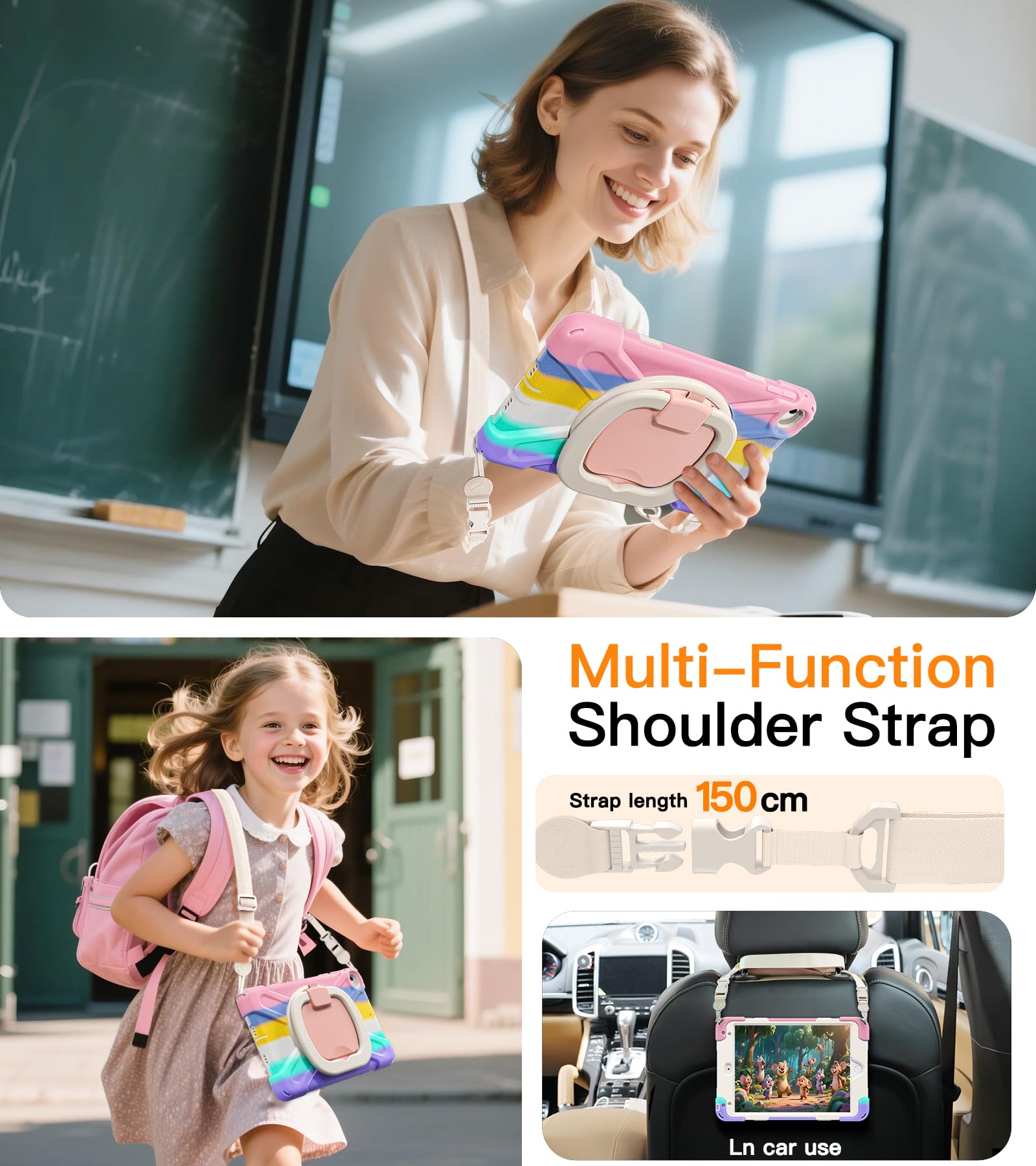 BATYUE for iPad mini 5/4 7.9 Inch Case (2019/2015), Kid-Proof Shockproof Cover with 360° Kickstand, Detachable Shoulder Strap & Pencil Holder for Girls and School - Cute Colourful Pink