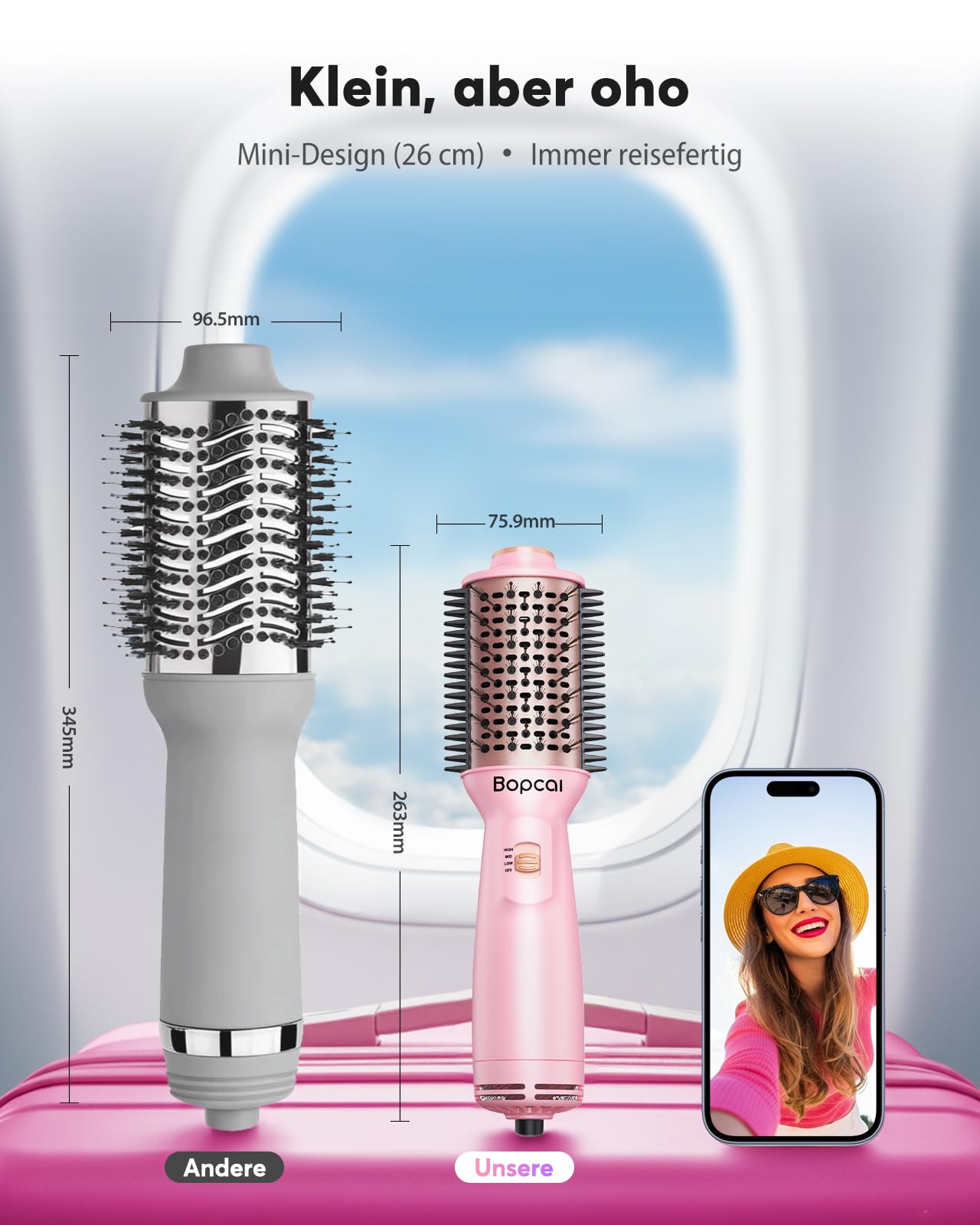 Bopcal Mini Warmluftbürste 4-in-1 Ionen Föhnbürste Heißluftbürste für Volumen & Glatte Haare, Anti-Frizz Rundbürstenföhn, Tragbar mit Dualspannung für Reisen, 3 Temperaturstufen, SM-6129 101
