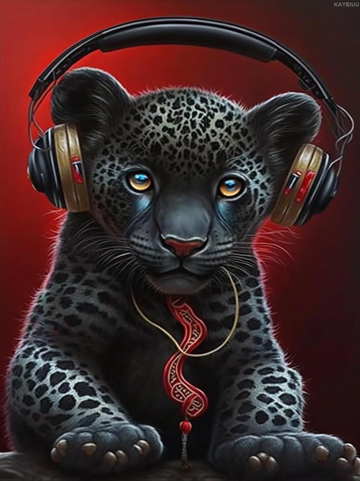KAYEIUU DIY Panther with Headphones Diamond Painting, 12x16 Inch Paint by Numbers for Beginners, Black Cat Full Round Crystal Diamond Art Kits for Room Decor Bathroom Decor Vintage Red