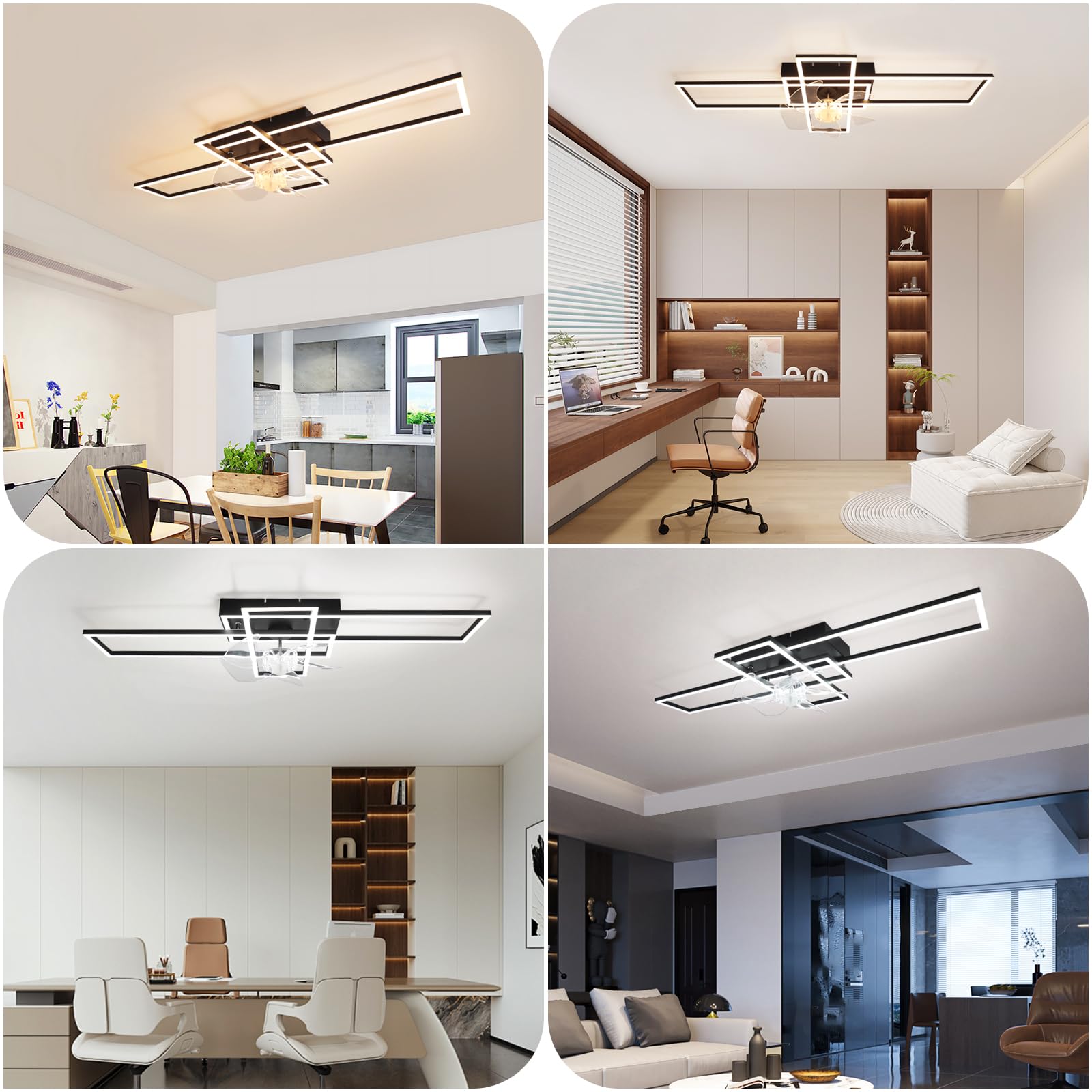 Deckenventilator mit Beleuchtung Deckenleuchte LED Deckenlampe | Schwarz 41W Dimmbar Ventilator Leise mit Light 6 Geschwindigkeiten Wohnzimmerlampe Groß Rechteckig für Schlafzimmer Küche