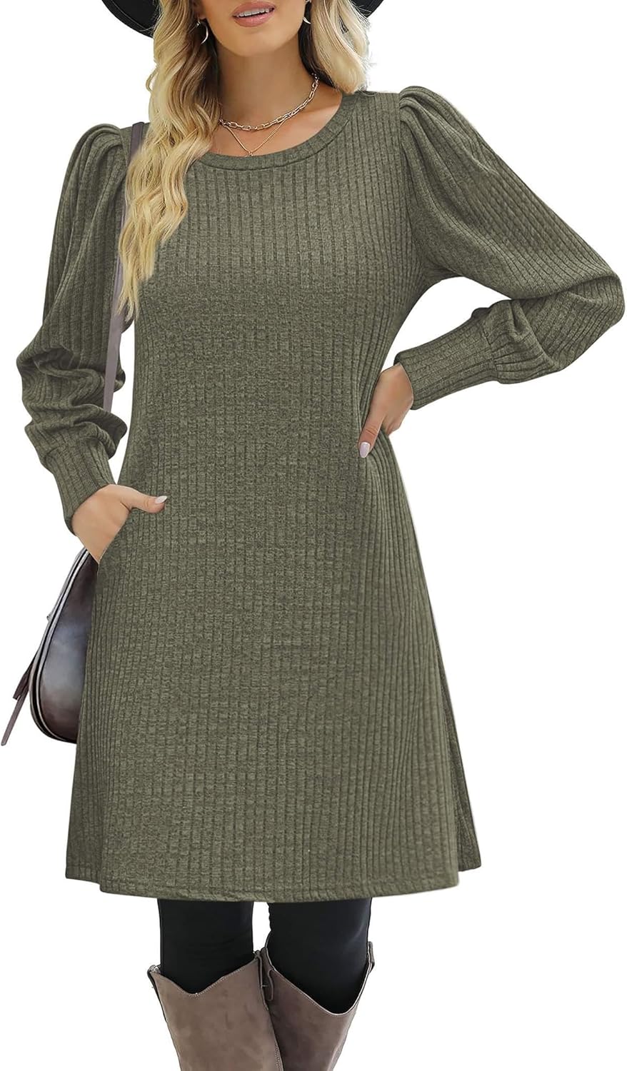 Zeagoo Casual Fall Dresses for Women Tunic Dresses Knitwear Dress Womens Casual Winter Sweater Dress, Army Green XL - Image 2