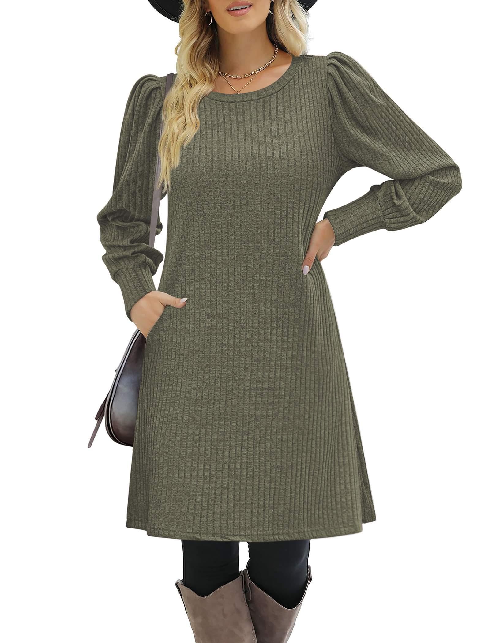 Zeagoo Robe en tricot avec manches bouffantes pour femme - Automne et hiver - Col rond - Robe tunique décontractée
