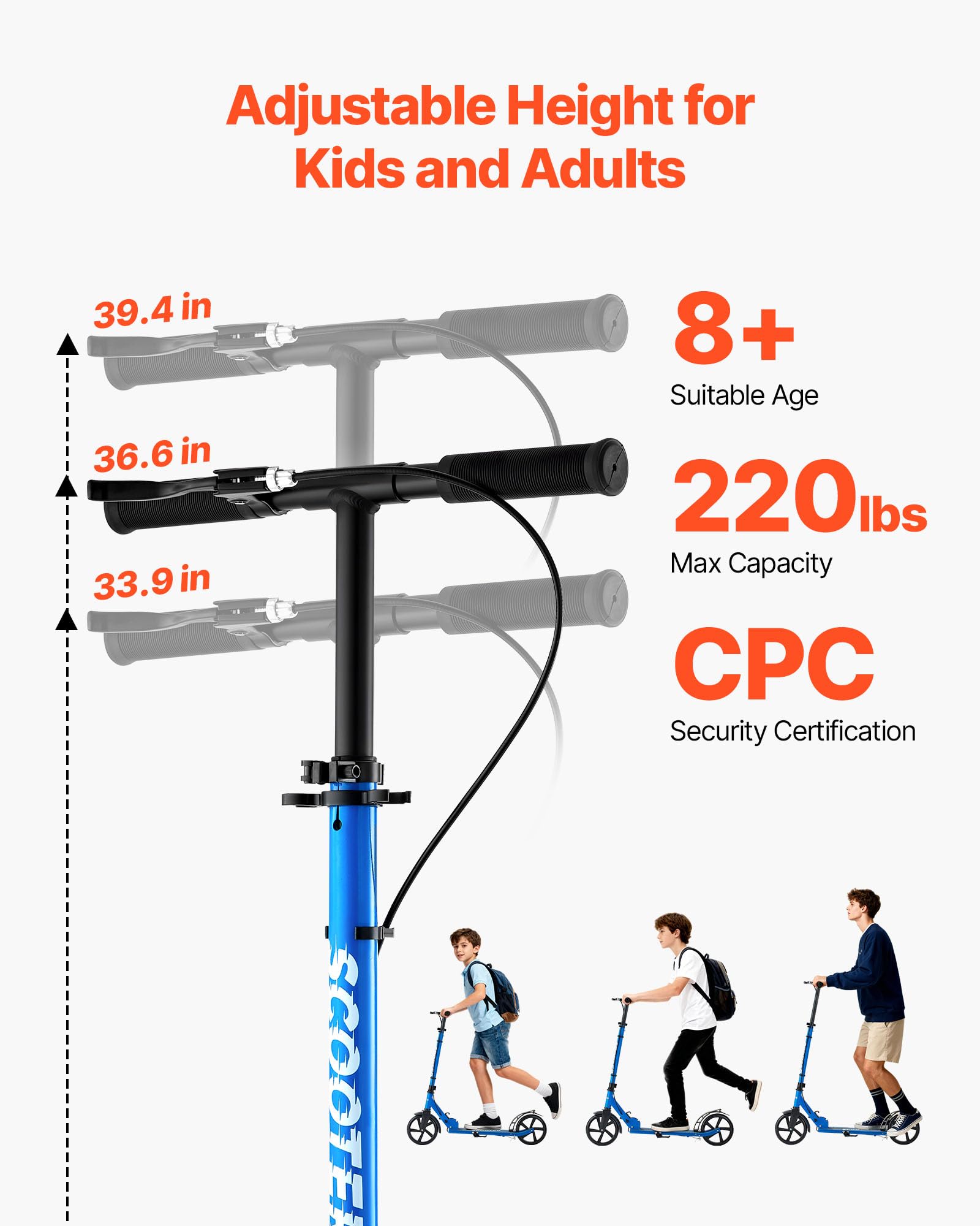 VEVOR Monopattino con 2 Ruote per Bambini da 8 Anni, Monopattino Pieghevole per Mobilità Urbana Carico max. 100kg Altezza Regolabile a 3 Livelli, Pedana Antiscivolo e Freno a Mano, Nero Blu