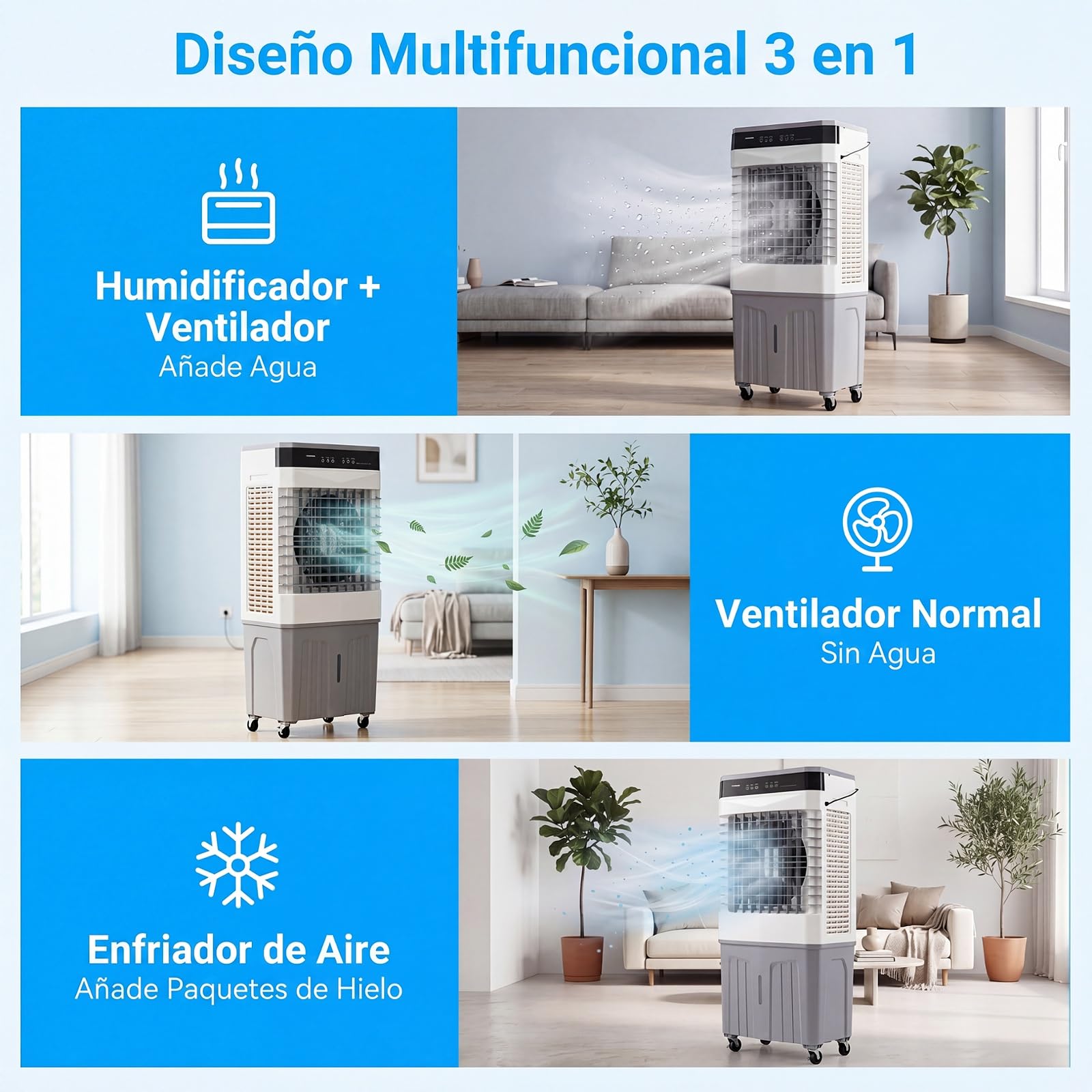 COSTWAY 3 en 1 Climatizador Evaporativo, Enfriador de Aire Portatil con 3 Velocidades, 2 Modos, 12H Temporizador, Ventilador con Ruedas, Oscilación de 70º/90° y Cubetas de Hielo (49 x 31 x 109 cm)