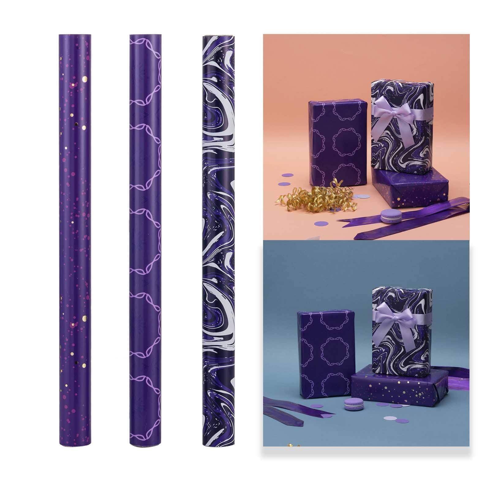 GAKA Rollo de papel de regalo, morado, 3 diseños diferentes de papel de regalo, adecuado para Halloween, Acción de Gracias, Navidad, cumpleaños, boda, regalos de graduación, embalaje de 17 x 120