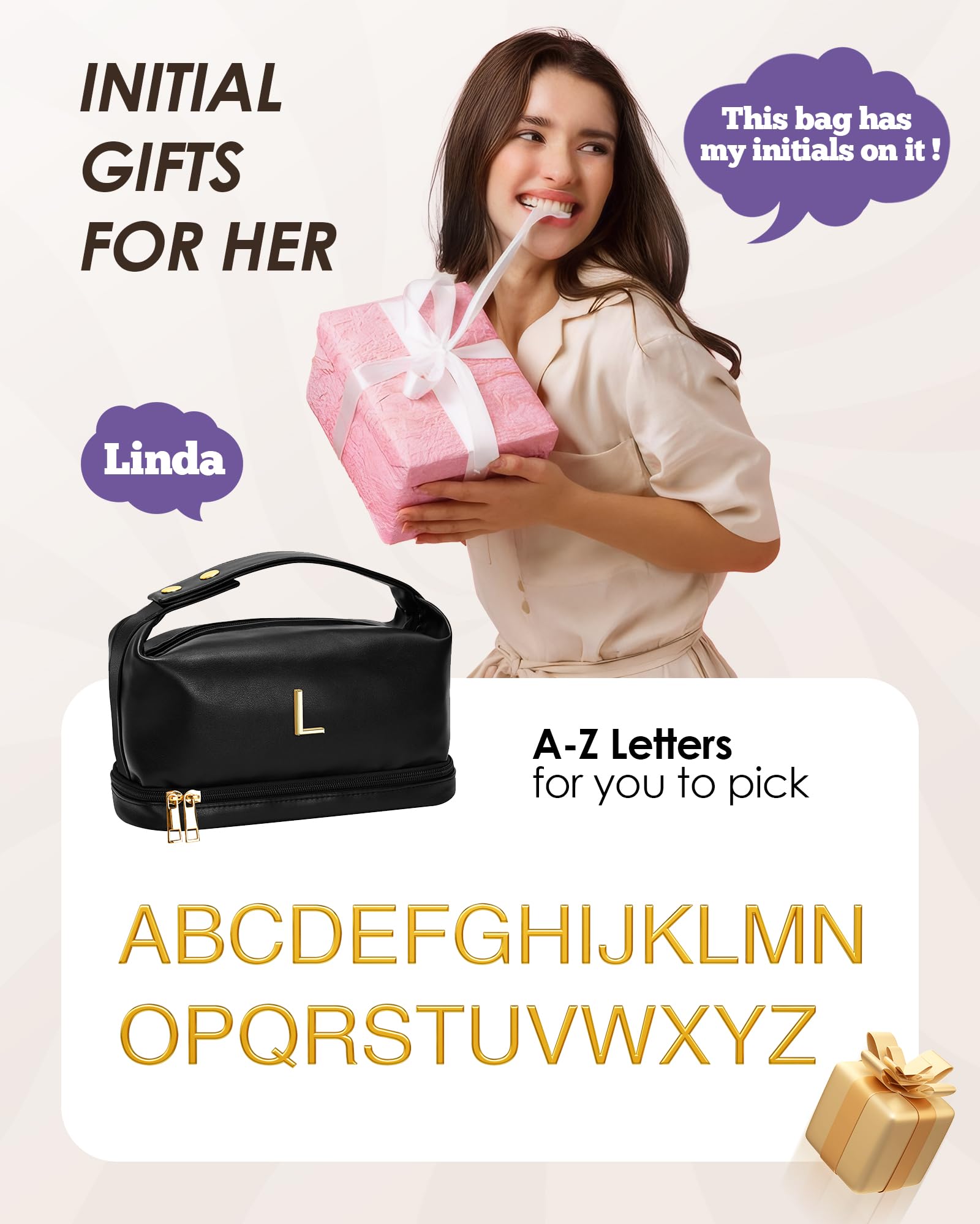 Personalized Initial Travel Cosmetic Bag with Handle