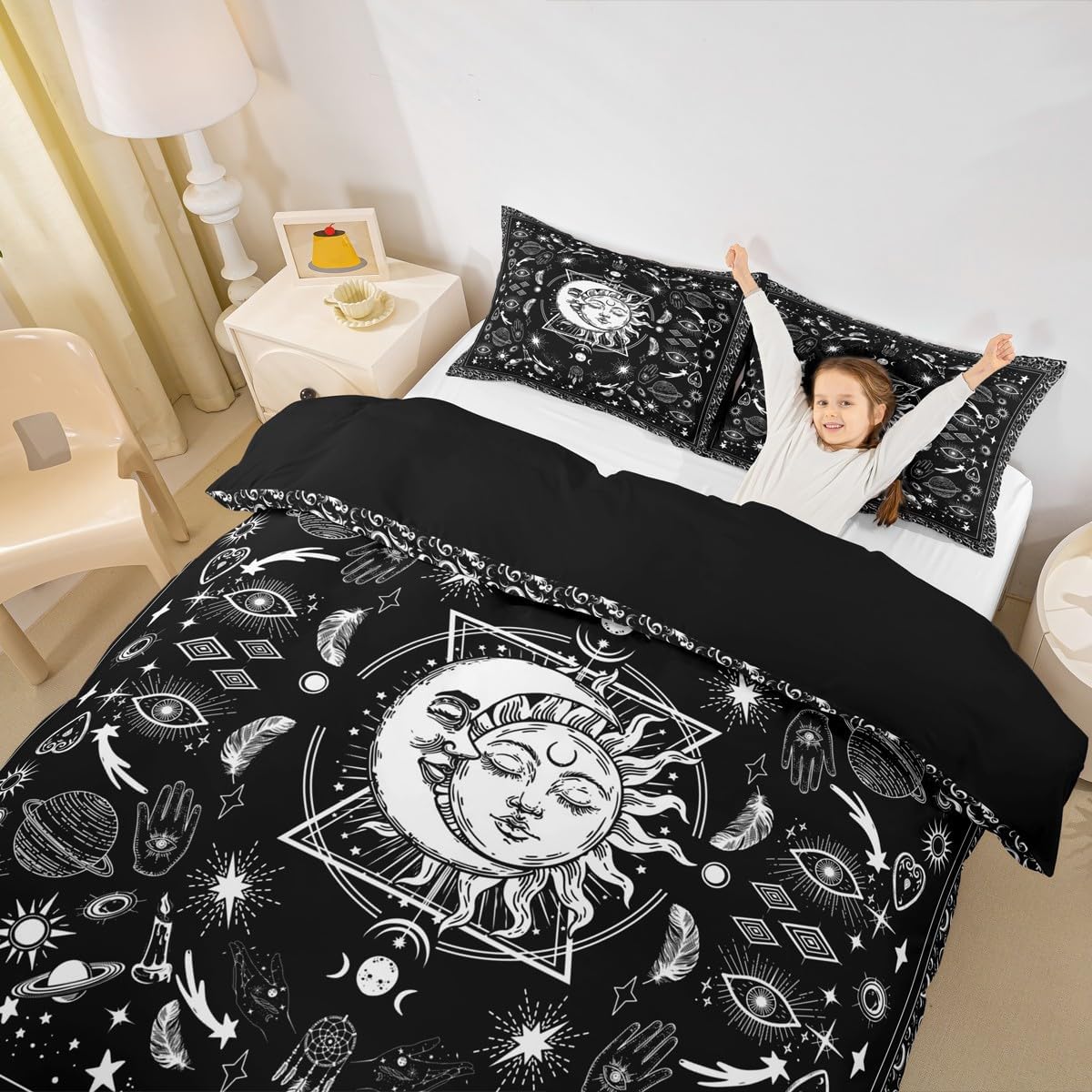 Sun and Moon Kids Duvet Cover Set King Size,Starry Sky Galaxy Planets Trippy Bedding Set,Boys Girls Adults Room Decor,Paisley Boho Exotic Comforter Cover,Black White Chic Quilt Cover,2 Pillowcases