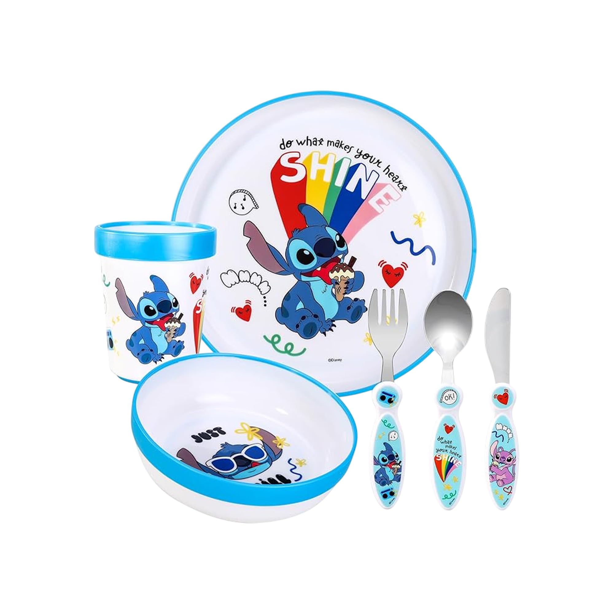 Stitch Kids 6 Piece Reusable Dinner Set - Plate/Bowl/Cup/Knife/Fork/Spoon - Childrens Dinnerware Tableware Cutlery Set