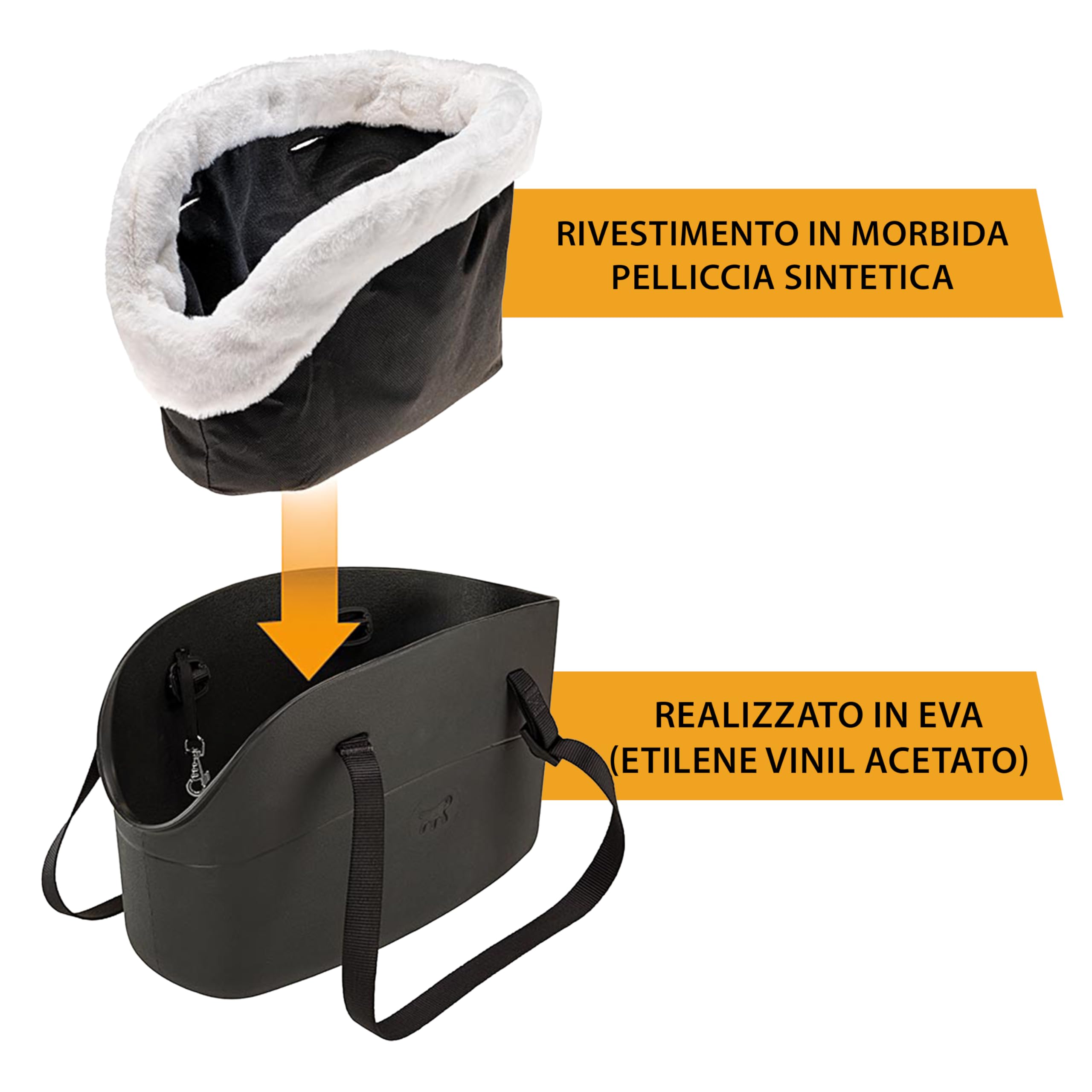 Ferplast Borsa per Cani Gatti fino a 8 Kg. Plastica Gommata Impermeabile e Lavabile, Imbottito con Caldo Peluche, Manici Regolabili, Cinghia di sicurezza, 43,5 x 21,5 x h 27 cm. Nero