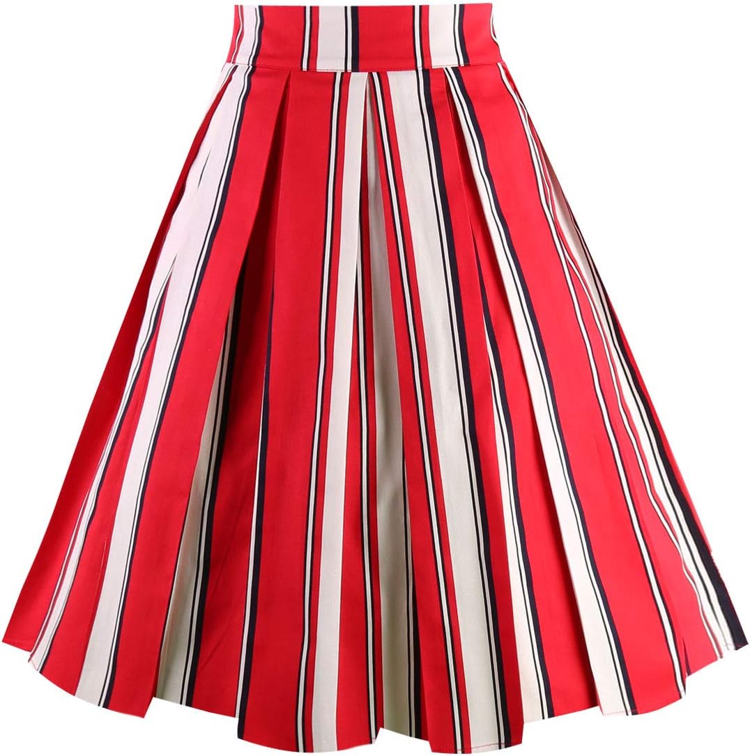 OBBUE Dresstore Vintage Pleated Skirt Floral A-line Printed Midi Skirts with Pockets Red-White-Stripe-M