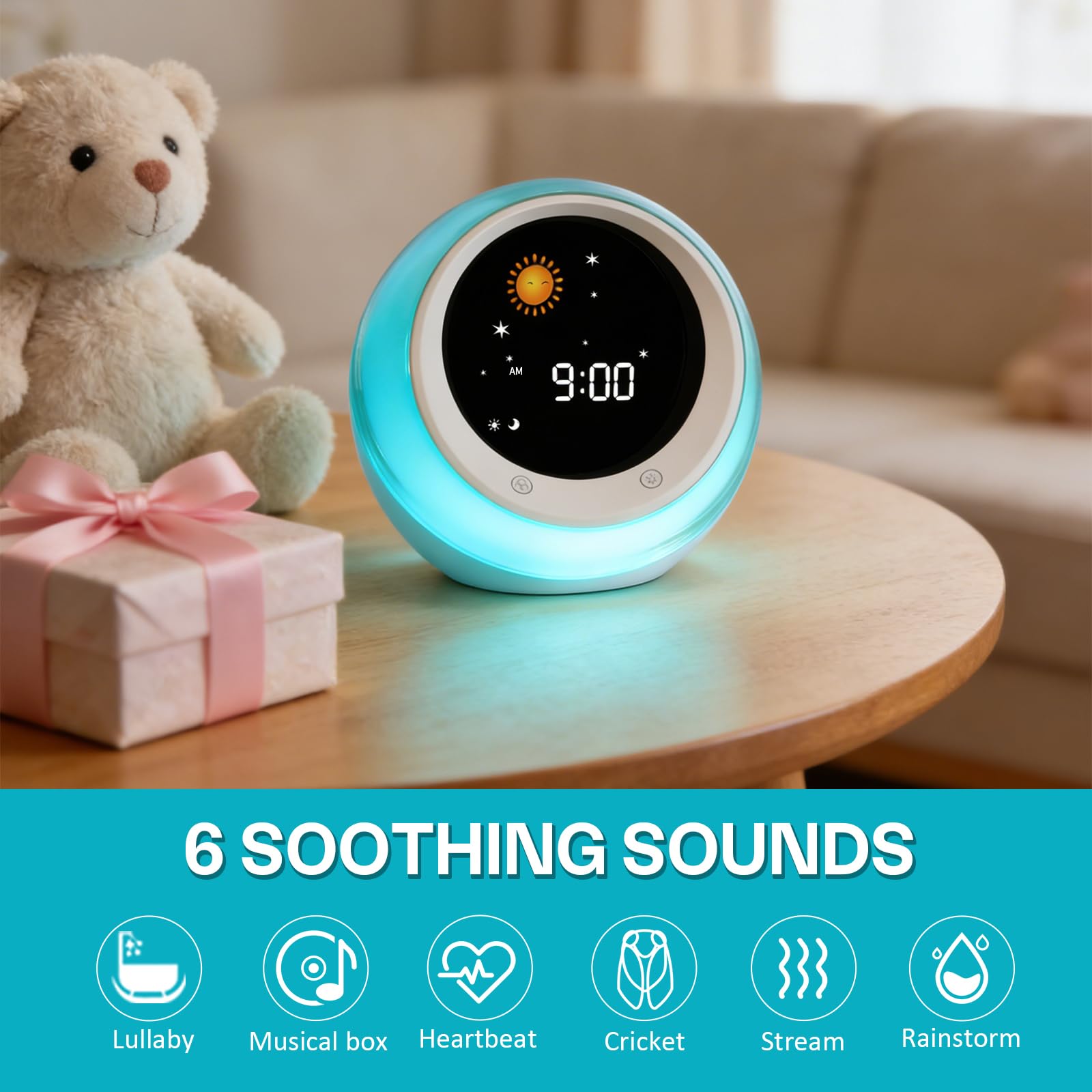 iHoo - Reloj despertador para niños, entrenamiento del sueño, con elevación del sol y la luna, máquina de sonido para dormir, luz nocturna y reloj despertador para niños pequeños y niños