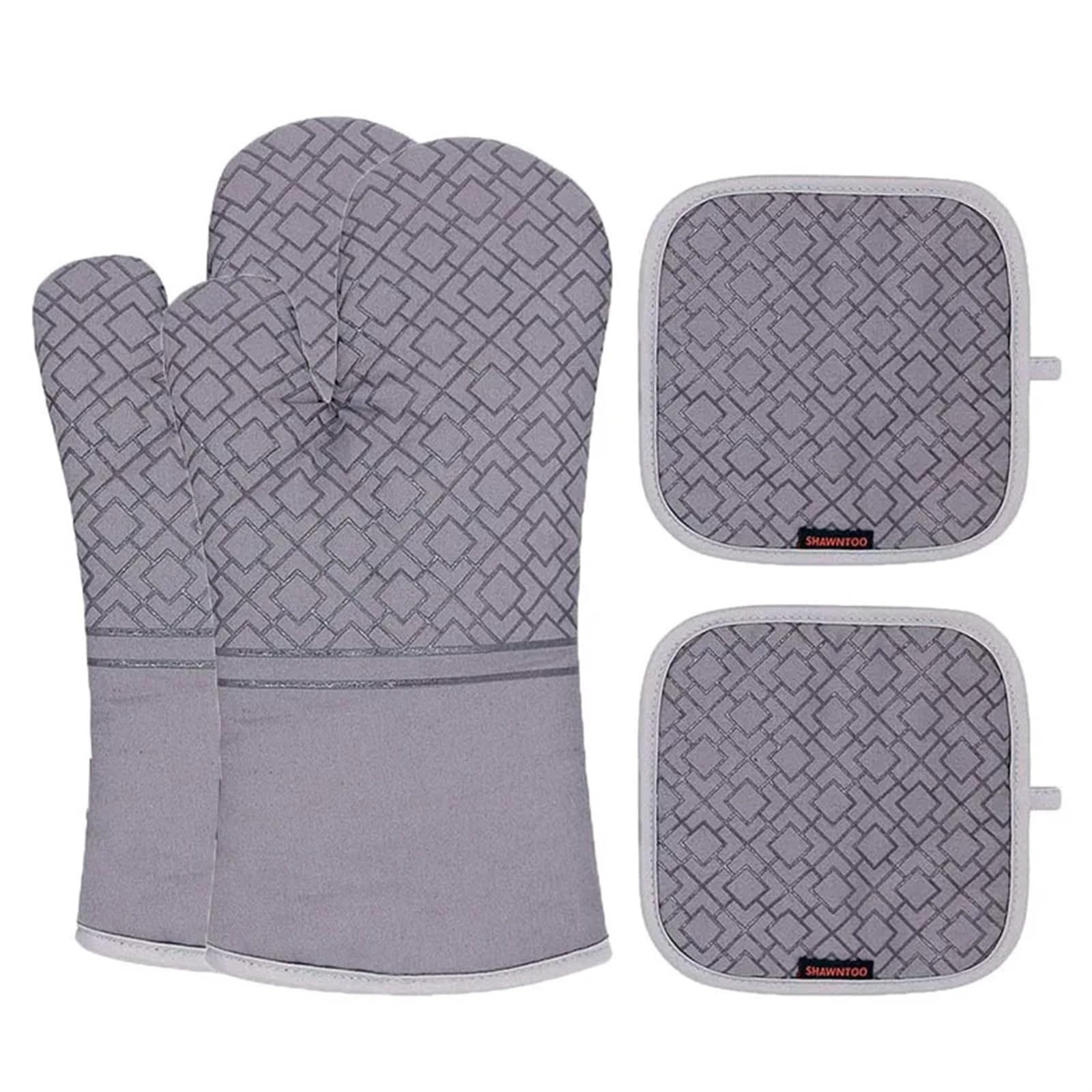 Oven Gloves Kitchen Glove Oven Mittens and Pot Holders High Heat Resistant Extra Long Supplies bbq Utensils for Baking Microwave for Your Kitchen(Grey Set)