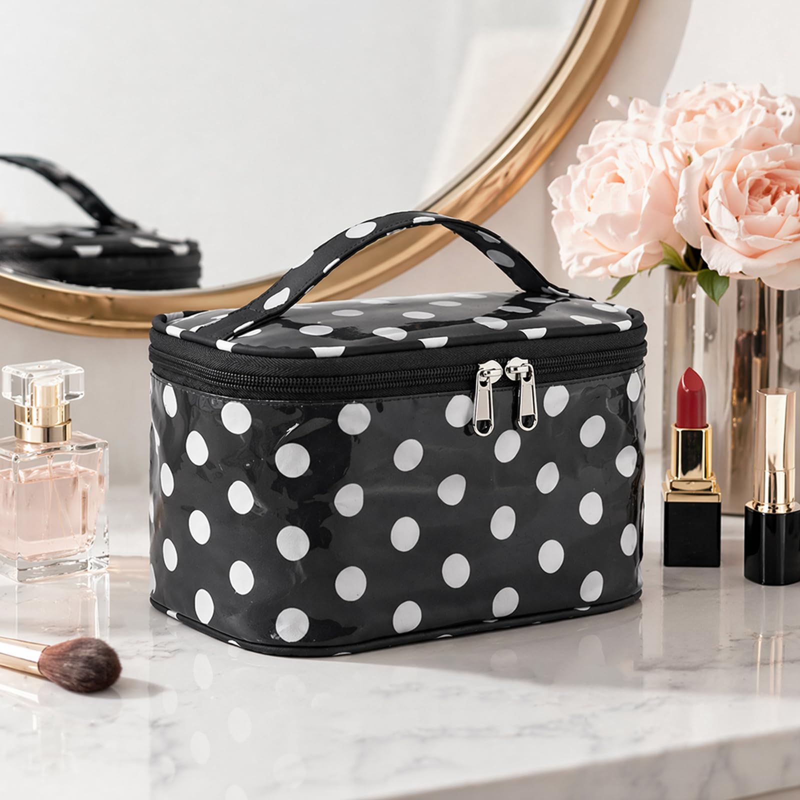 Polka Dot PVC podróżna kosmetyczka do makijażu, wodoszczelna dla kobiet, | EcoGleam Polka Dot PVC podróżna torba do makijażu, wodoodporna dla kobiet, estetyczna podróżna kosmetyczka z uchwytem, porta