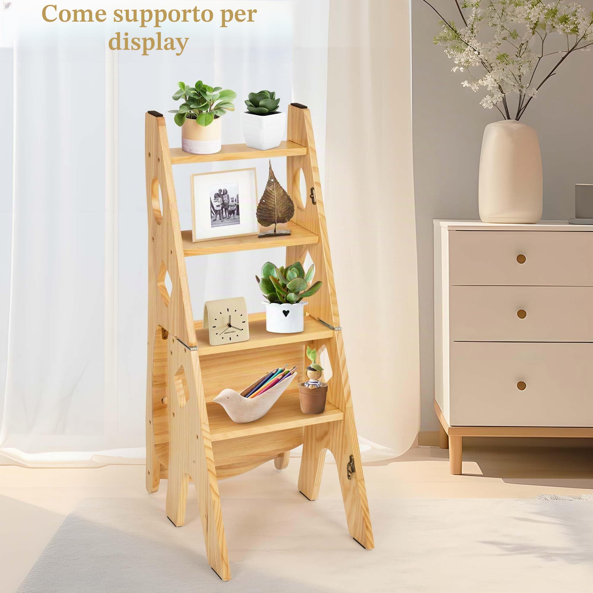 bimiti Sedia pieghevole da biblioteca, pieghevole in legno, 4 gradini, sedia pieghevole fino a 180 kg, supporto per fiori multifunzionale, sgabello per biblioteca