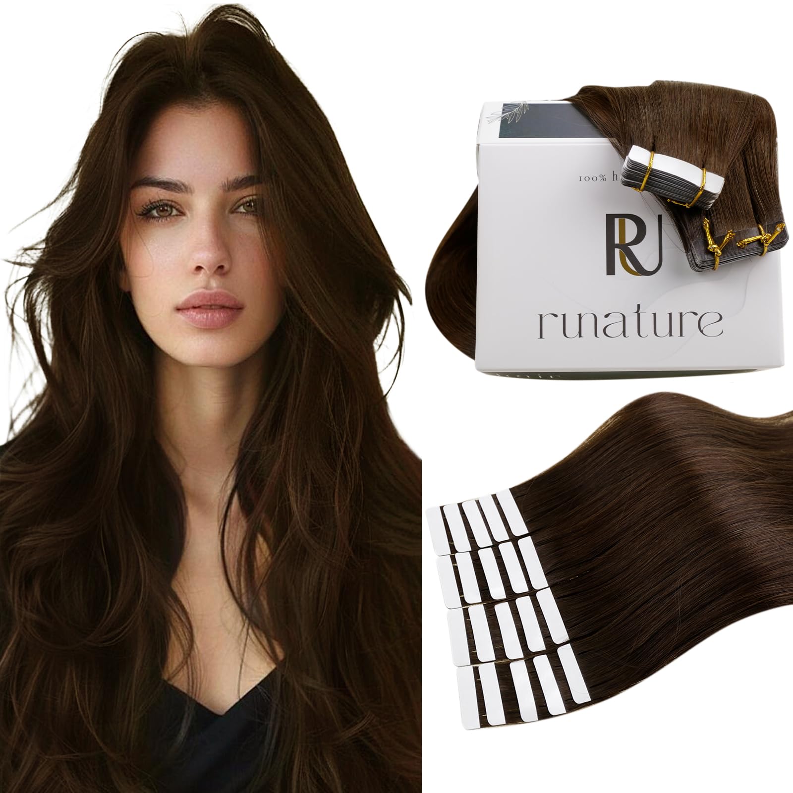 RUNATURE 22 Inch Tape in Hair Extensions Human Hair Brown Tape Hair Extensions Real Human Hair Invisible Tapes Remy Straight Dark Brown Hair 20pcs 50g #4