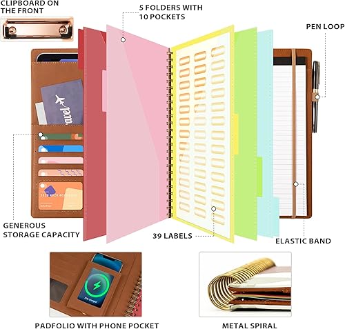 Vista 33 de Portapapeles con almacenamiento para hombres y mujeres, portafolio de cuero, 5 carpetas con 10 bolsillos, portapapeles en espiral con bloc de notas