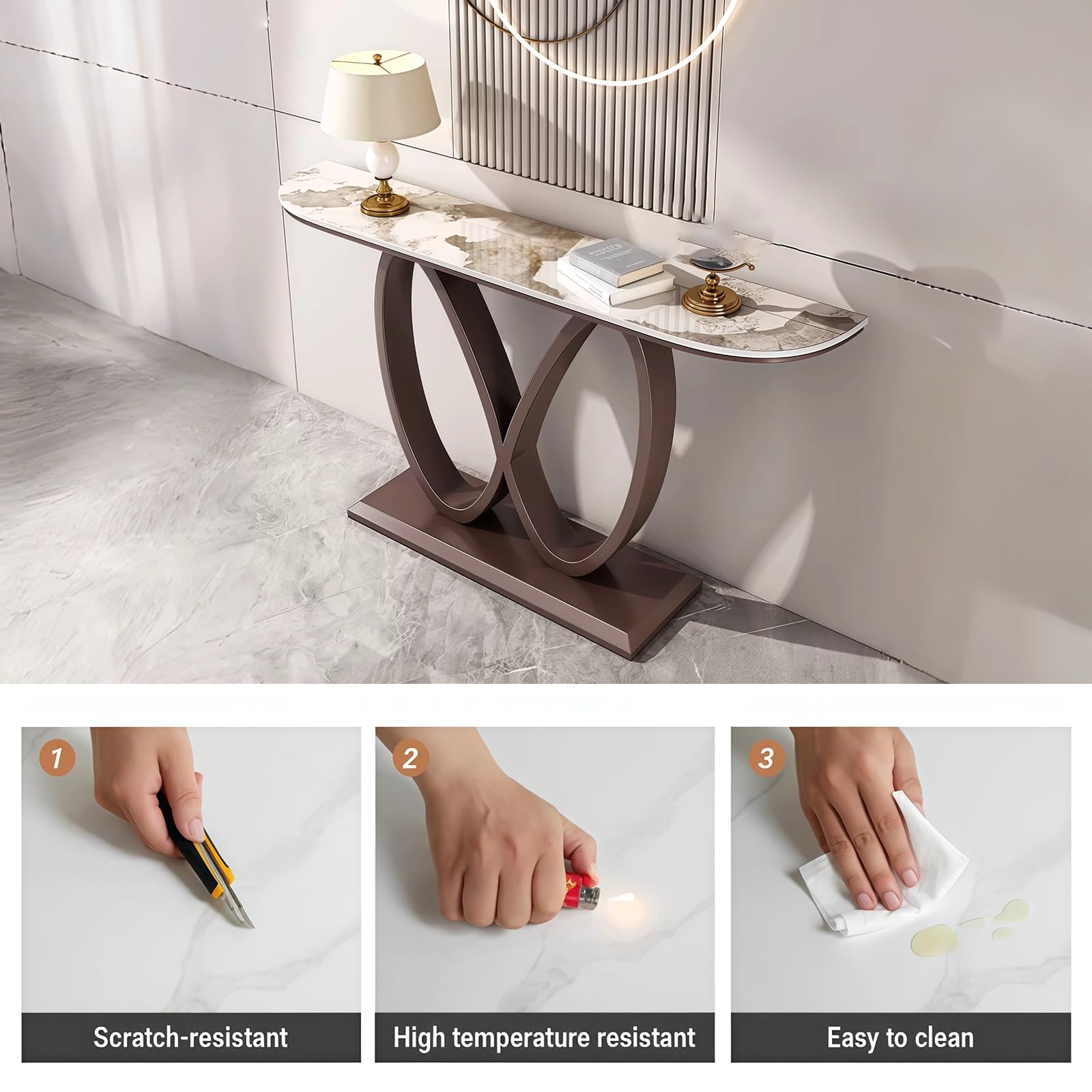 Consolle, Tavolino d'ingresso stretto effetto marmo con base geometrica in metallo, Tavolini d'appoggio contemporanei, Base decorativa creativa in acciaio al carbonio (Nero+Bianco, 120 cm/47,2")