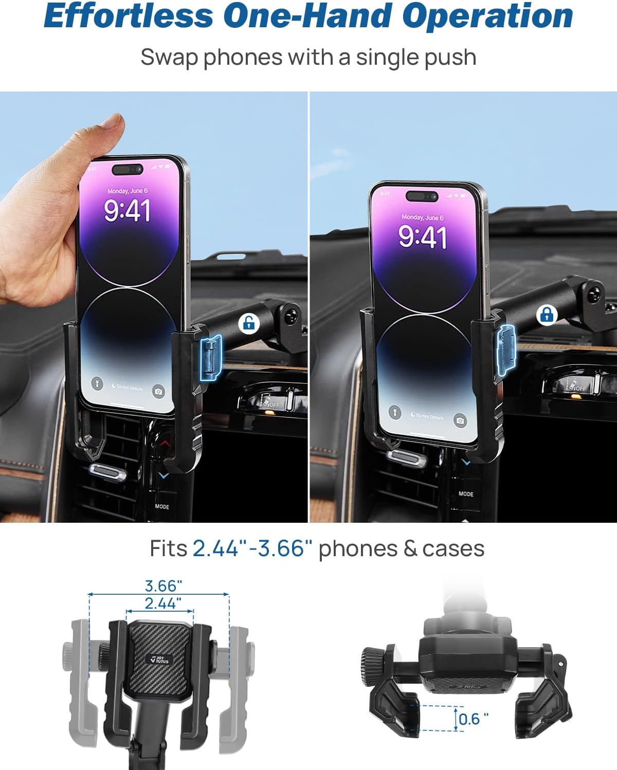 JOYTUTUS Metal Dash Mount Phone Holder Compatible with 2019-2025 RAM Truck 1500, 2500, 3500, TRX, RHO | Keeps 12V Outlet Access | Fits 5" and 8.4" or 12" and 14" Screens | One-Hand Adjustable Clip