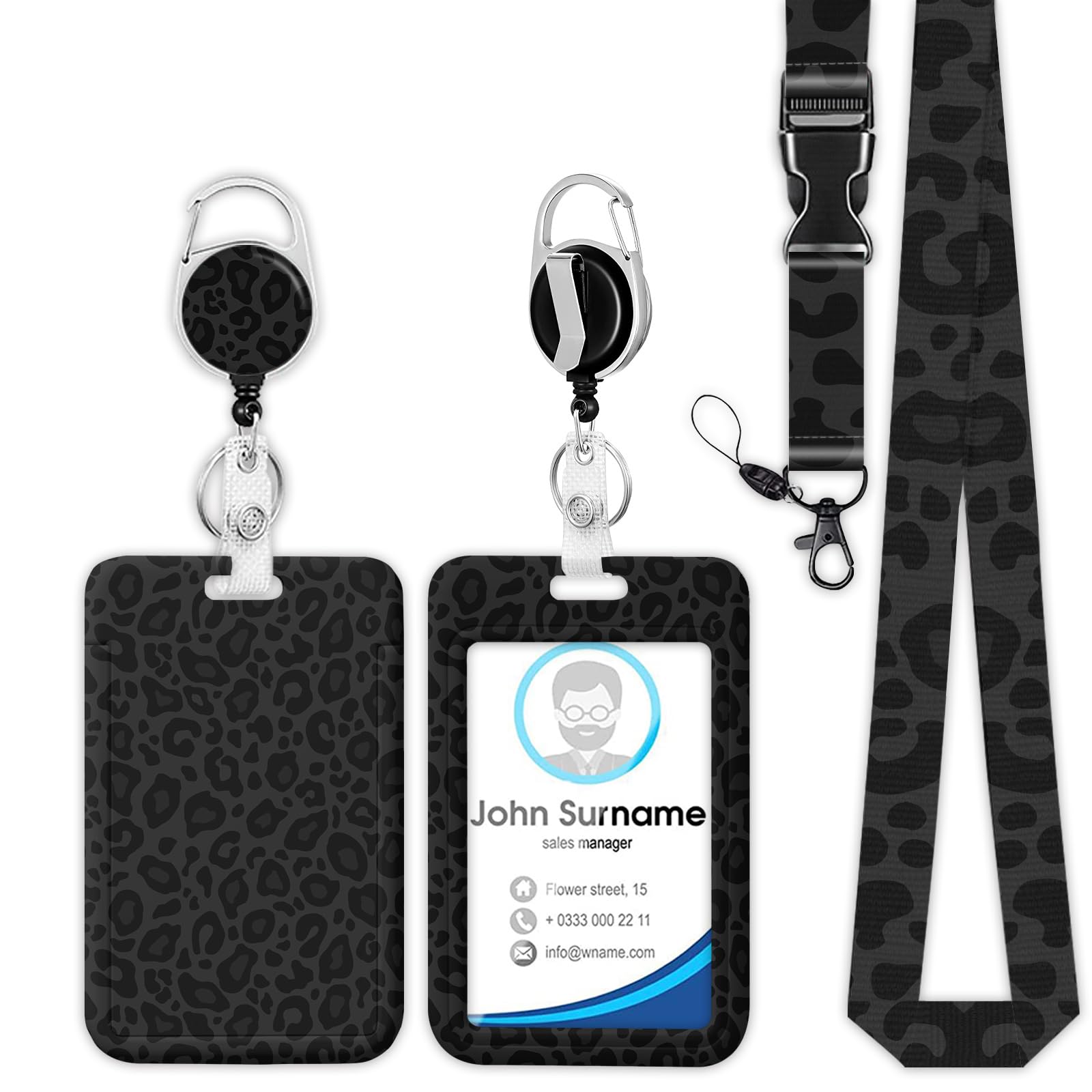 Black Leopard Badge Holder Reel Lanyard, ID Card Badge Holder Retractable Name Tag Clips, Funny Nurse Teacher Office Student Gifts